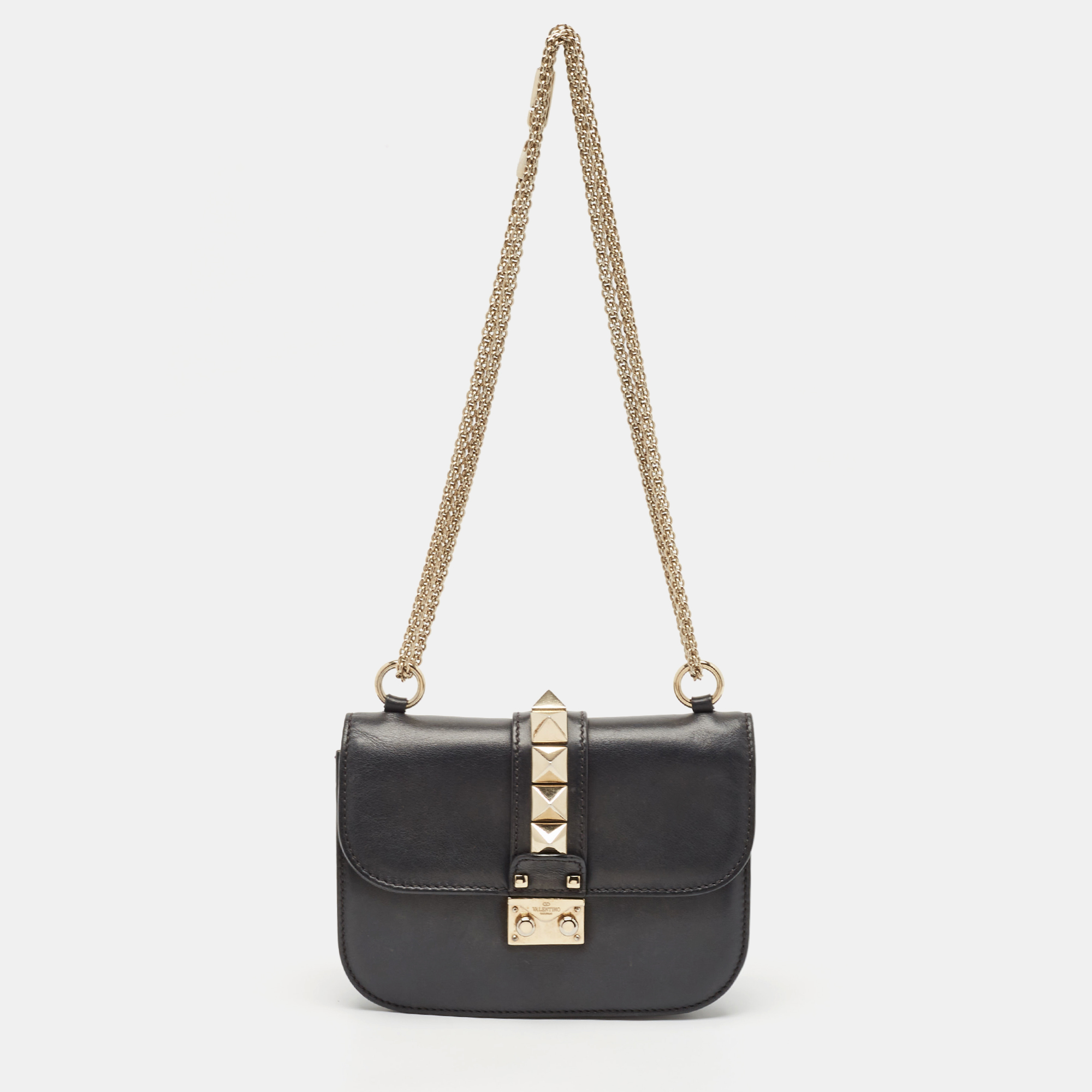 

Valentino Black Leather Small Rockstud Glam Lock Flap Bag