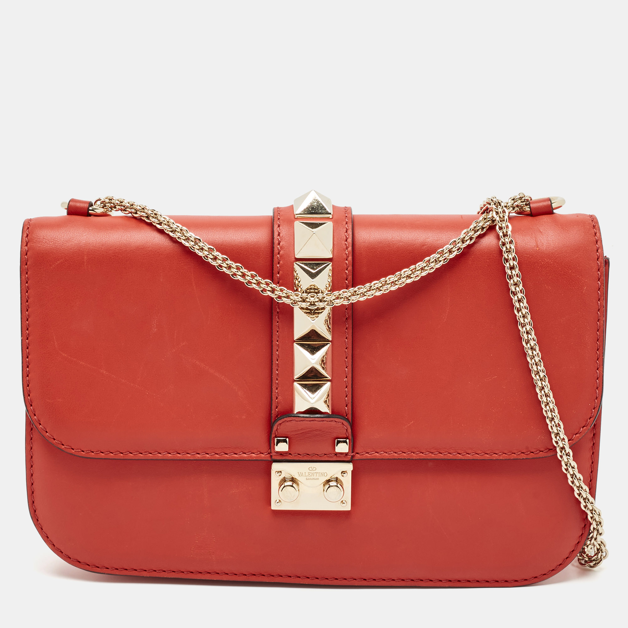 

Valentino Red Leather  Glam Lock Flap Bag