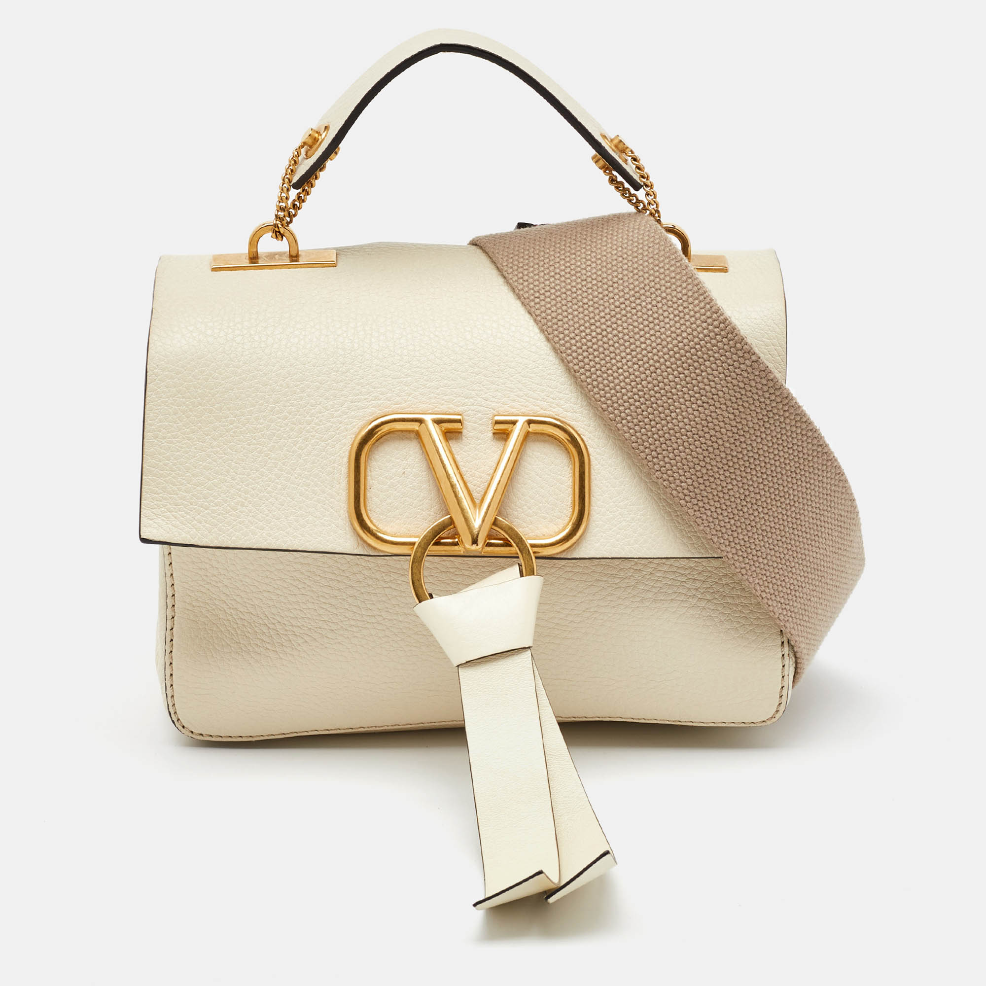 

Valentino Off White Leather VRing Flap Top Handle Bag