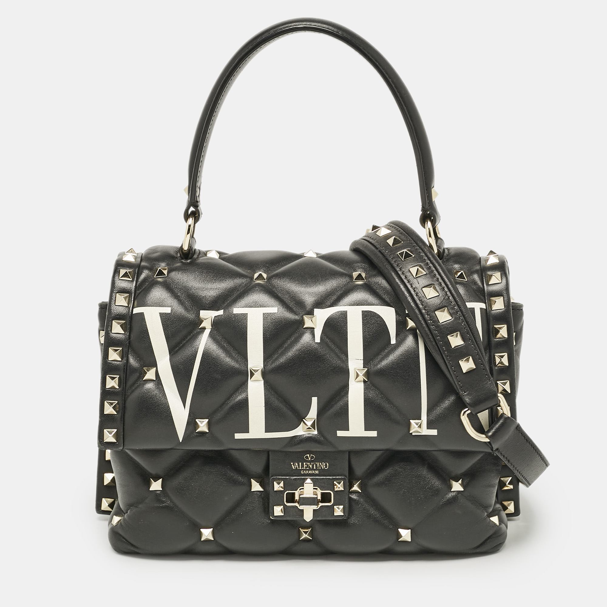 

Valentino Black Quilted Leather  VLTN Candystud Top Handle Bag