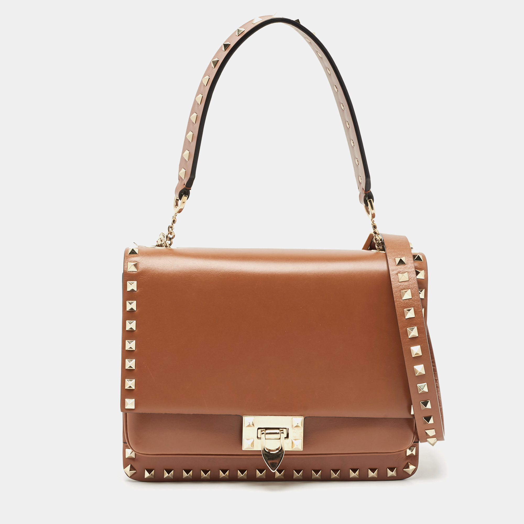 

Valentino Brown Leather Rockstud Top Handle Bag