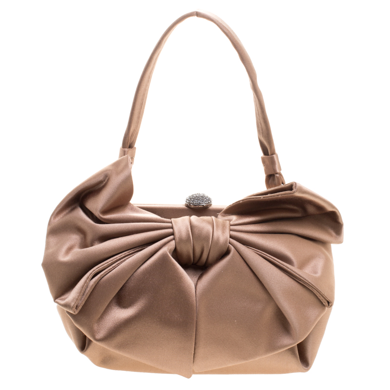 Pre Owned Valentino Metallic Brown Satin Bow Evening Bag