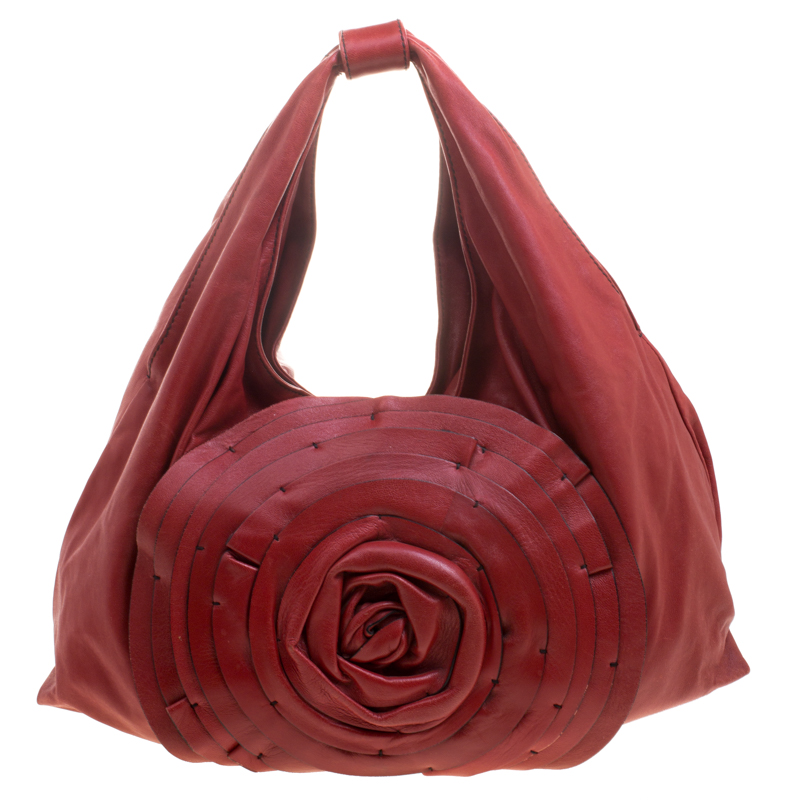 Pre Owned Valentino Red Leather Large Petale Rose Hobo 