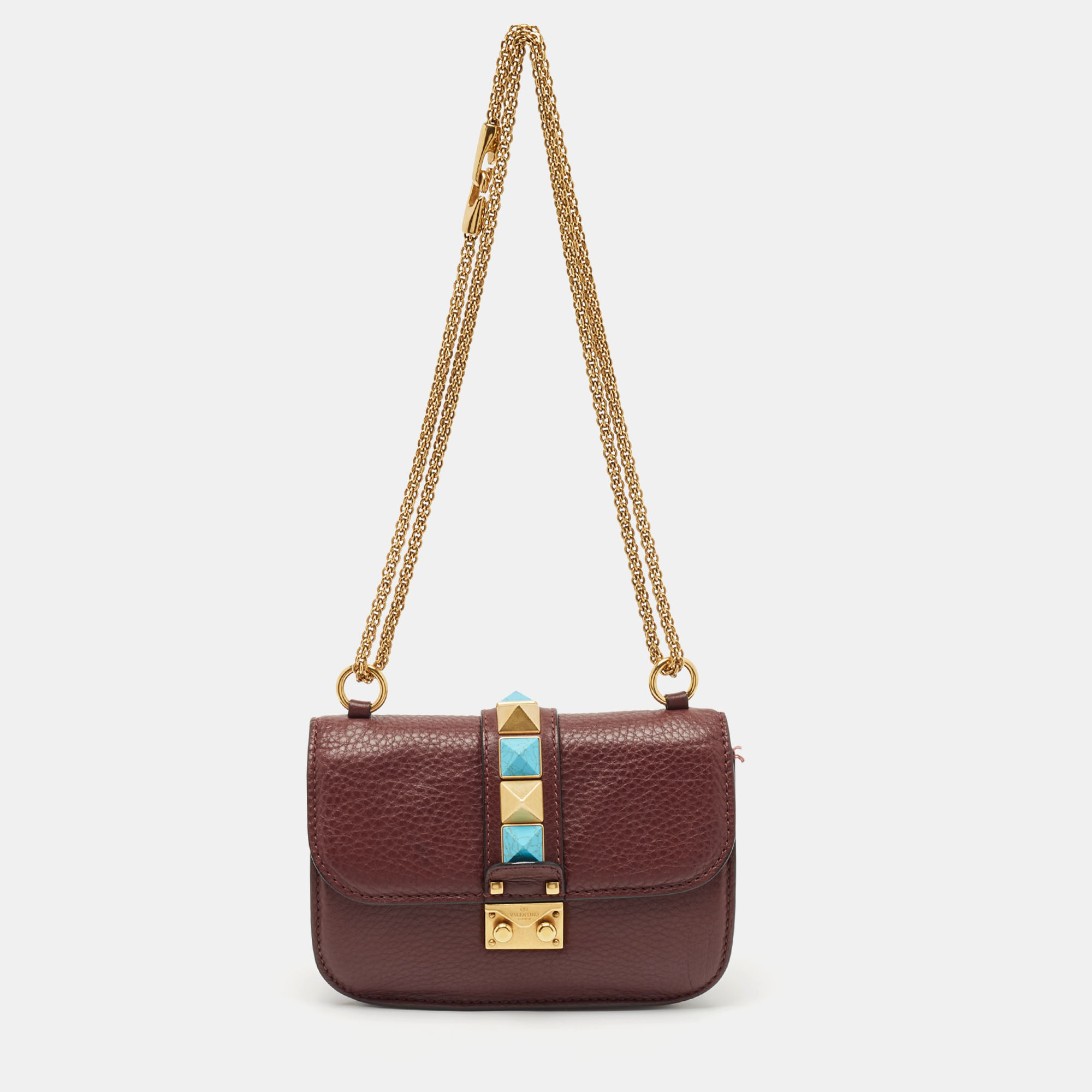 

Valentino Burgundy Leather Small Rolling Rockstud Glam Lock Flap Bag