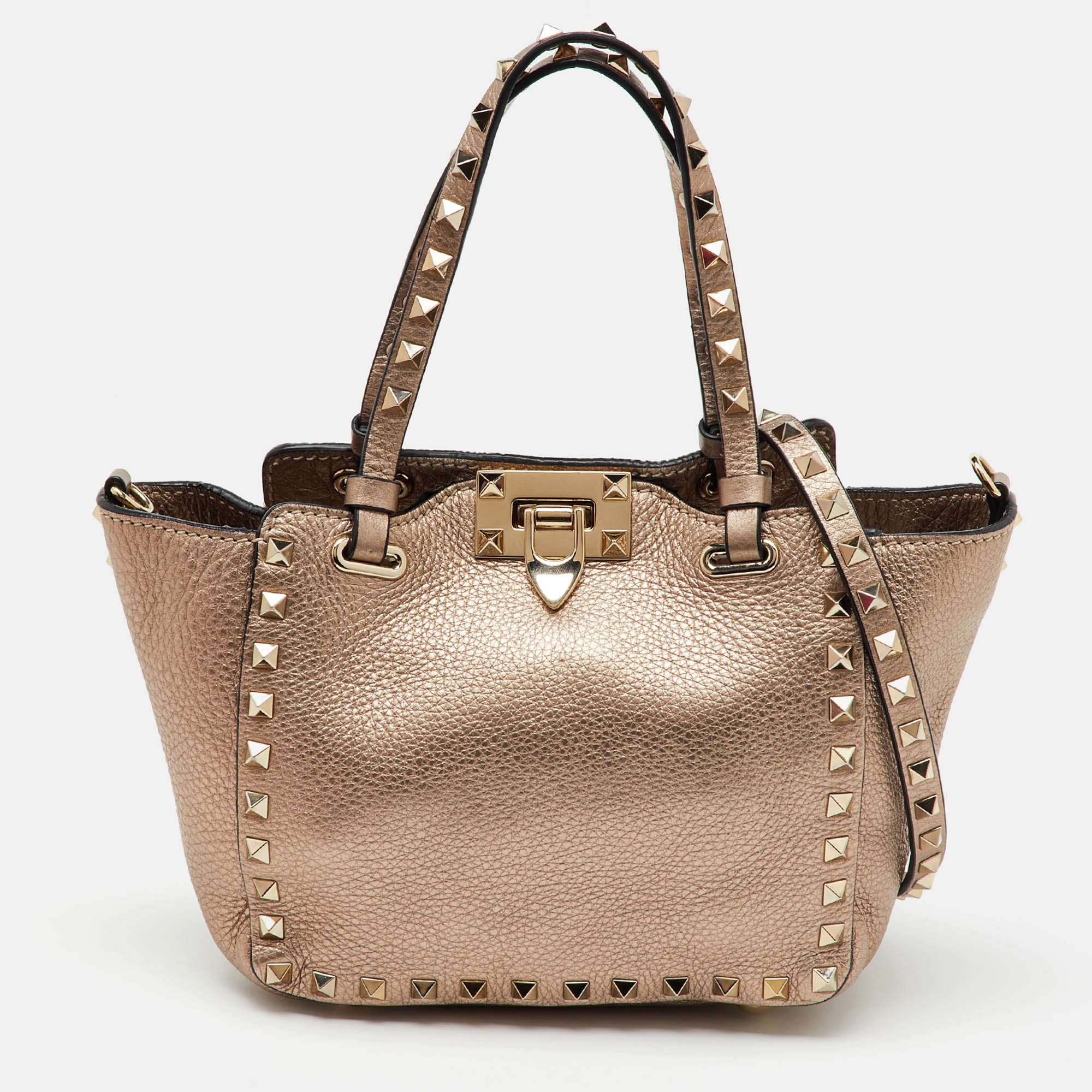 

Valentino Gold Leather Mini Rockstud Trapeze Tote