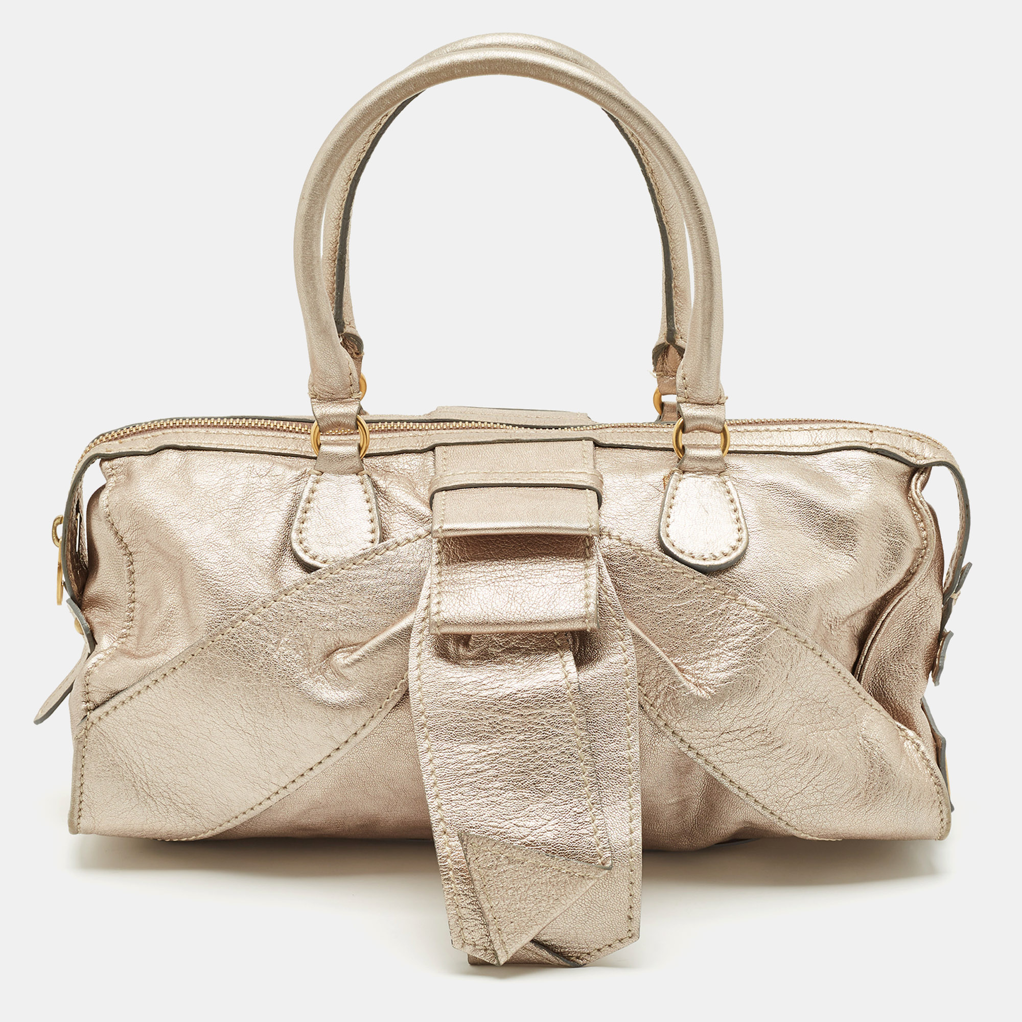 

Valentino Rose Gold Leather Bow Zip Satchel, Metallic