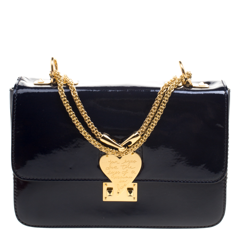 Pre Owned Valentino Navy Blue Patent Leather L'amour Chain Shoulder Bag