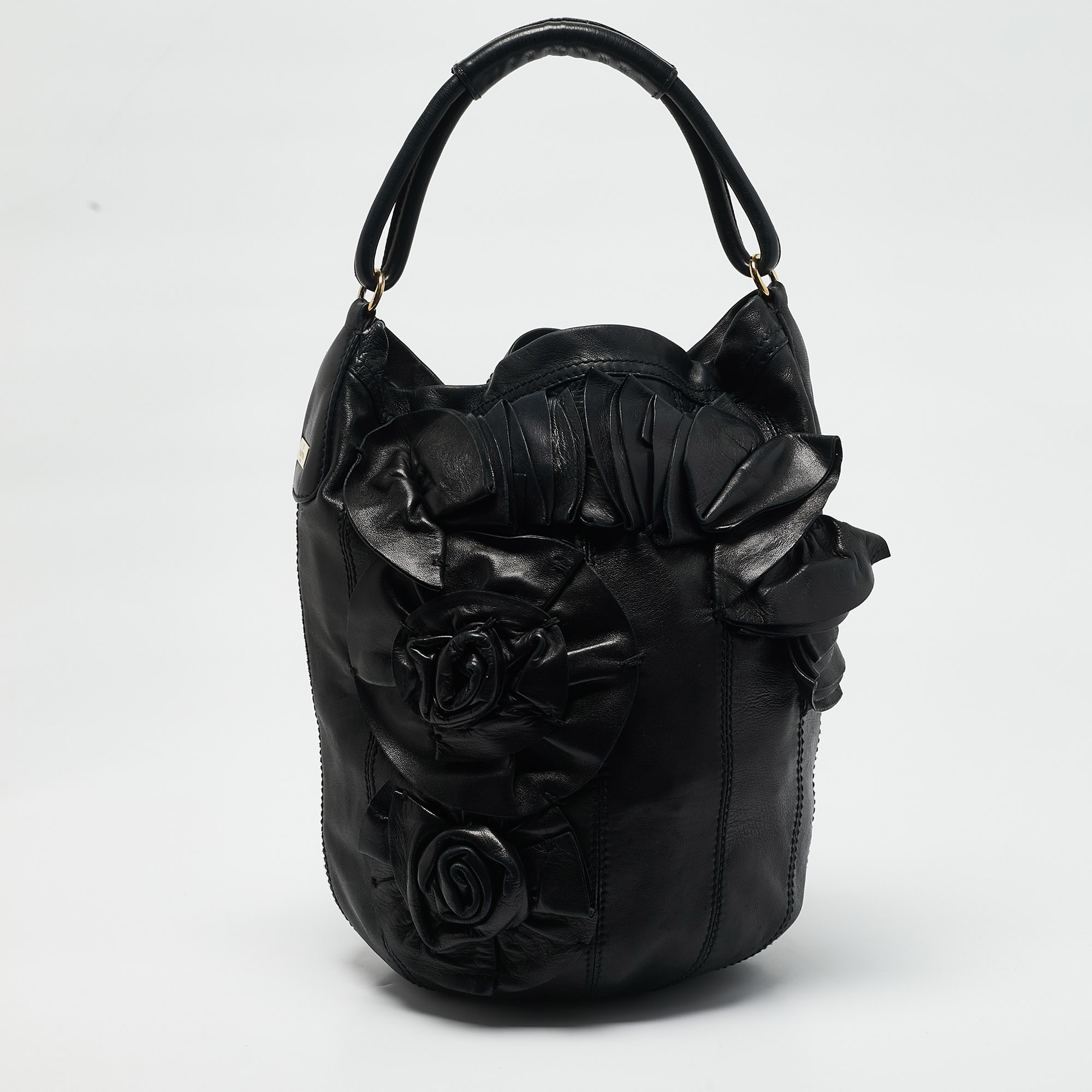 

Valentino Black Leather Rosette Bucket Bag