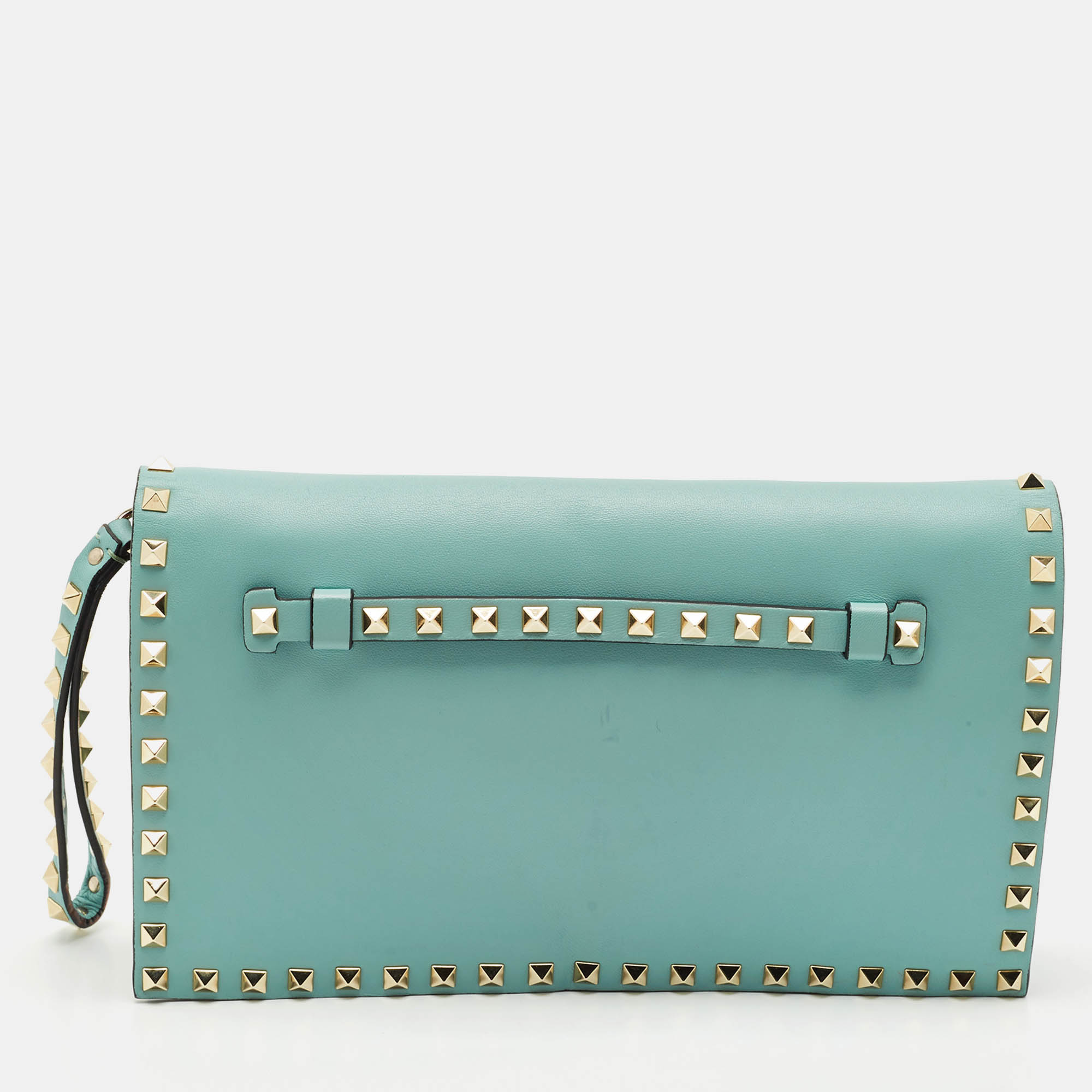 

Valentino Light Green Leather Rockstud Flap Wristlet Clutch