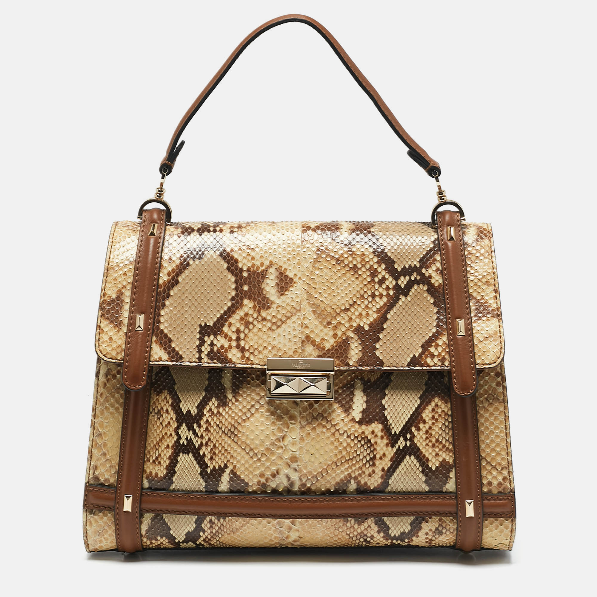 

Valentino Cream/Brown Leather and Python Rockstud Flap Tote