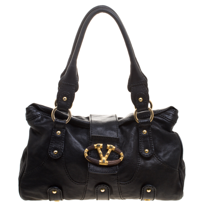 Pre Owned Valentino Black Leather and Crystal Catch Satchel