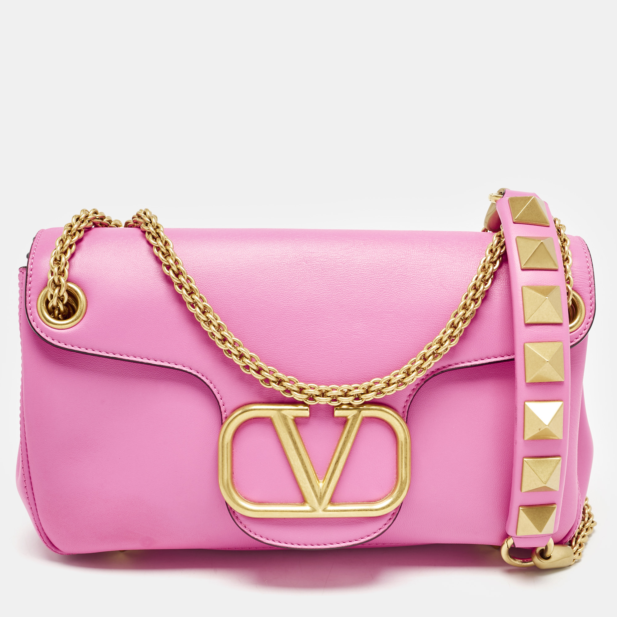 

Valentino Pink Leather Stud Sign Shoulder Bag