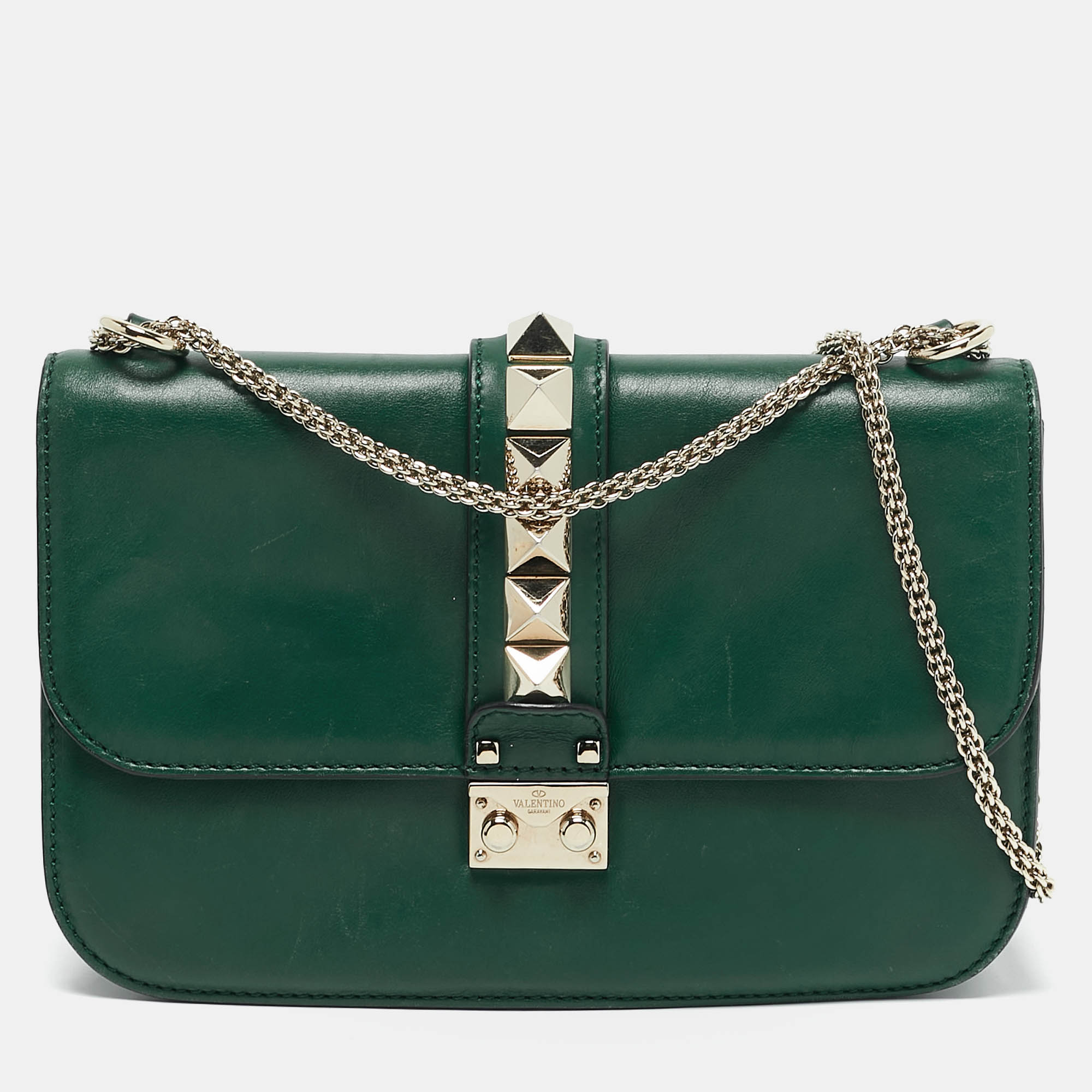

Valentino Green Leather  Rockstud Glam Lock Flap Bag
