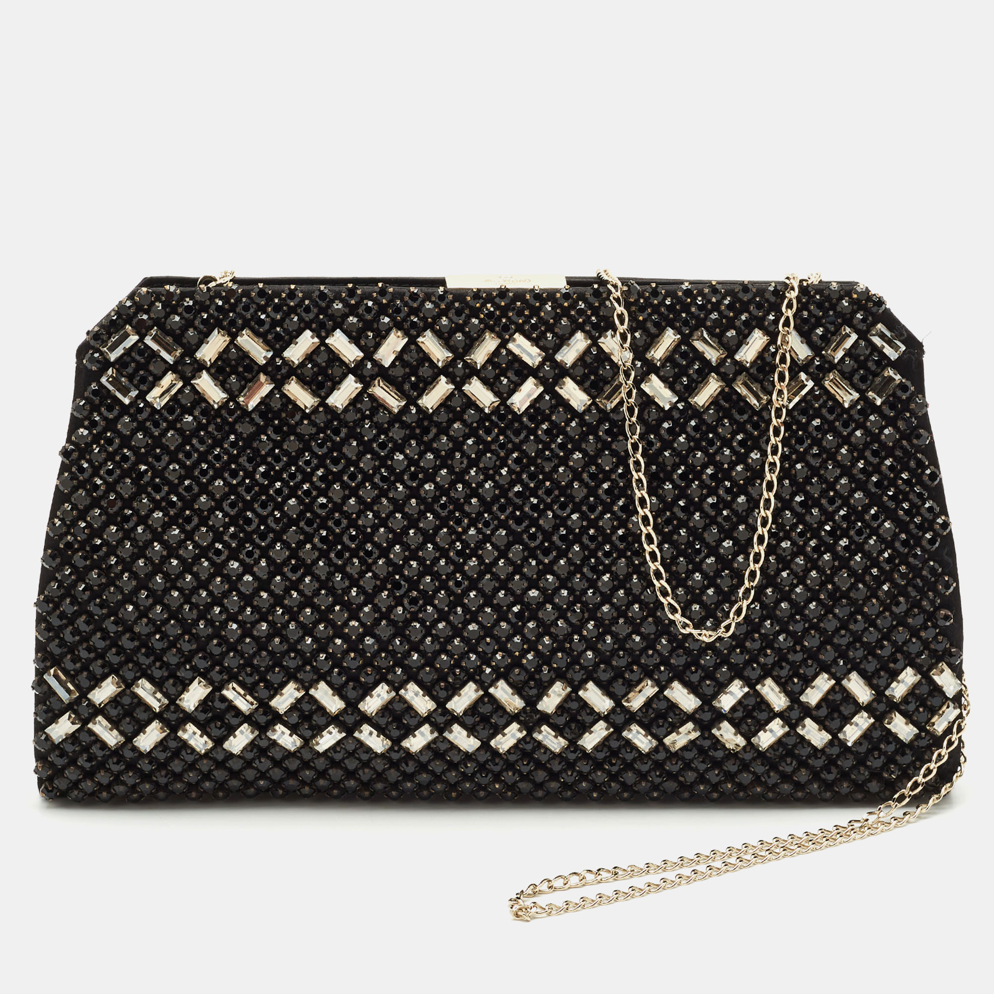 

Valentino Black Satin Crystals Frame Chain Clutch