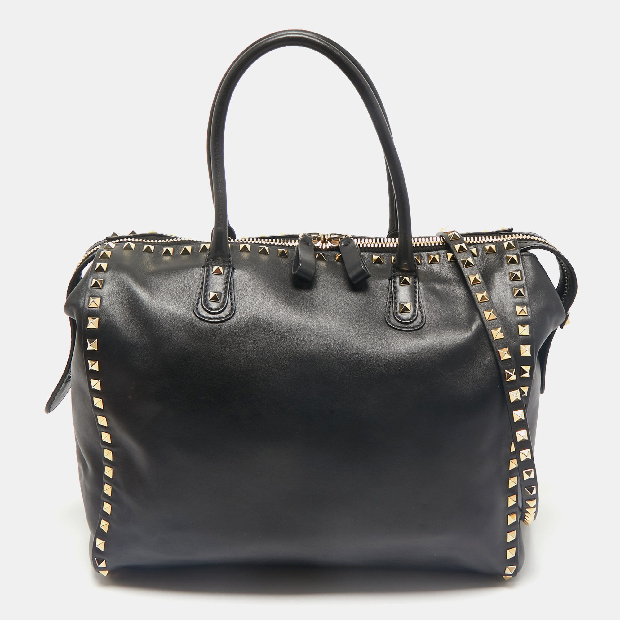 

Valentino Black Leather Rockstud Zip Satchel