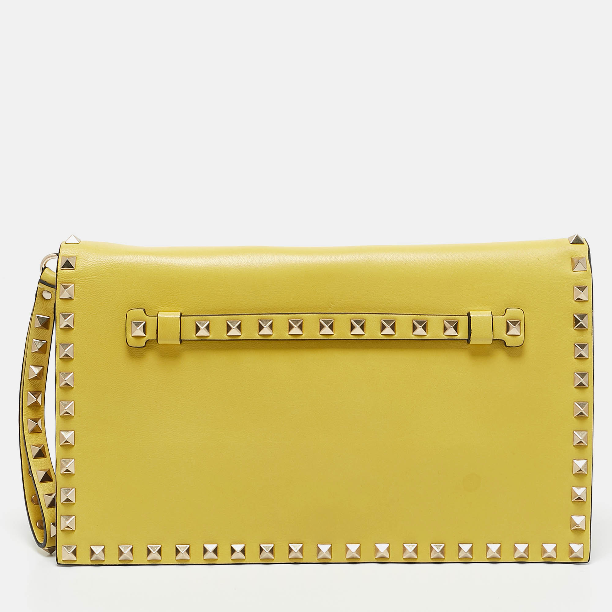 

Valentino Yellow Leather Rockstud Flap Wristlet Clutch