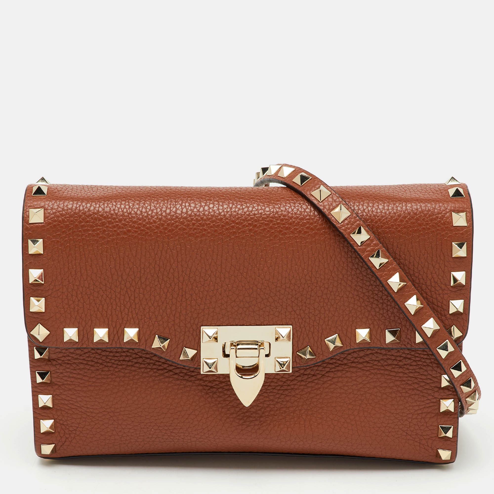 

Valentino Brown Leather Rockstud Flap Crossbody Bag