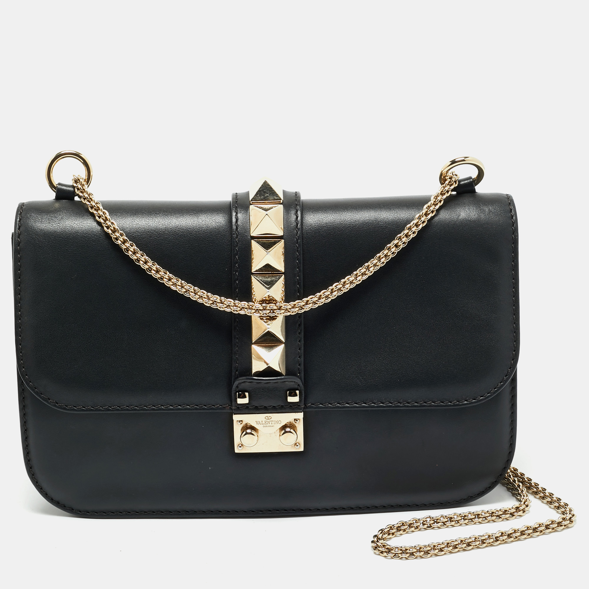 

Valentino Black Leather  Rockstud Glam Lock Shoulder Bag