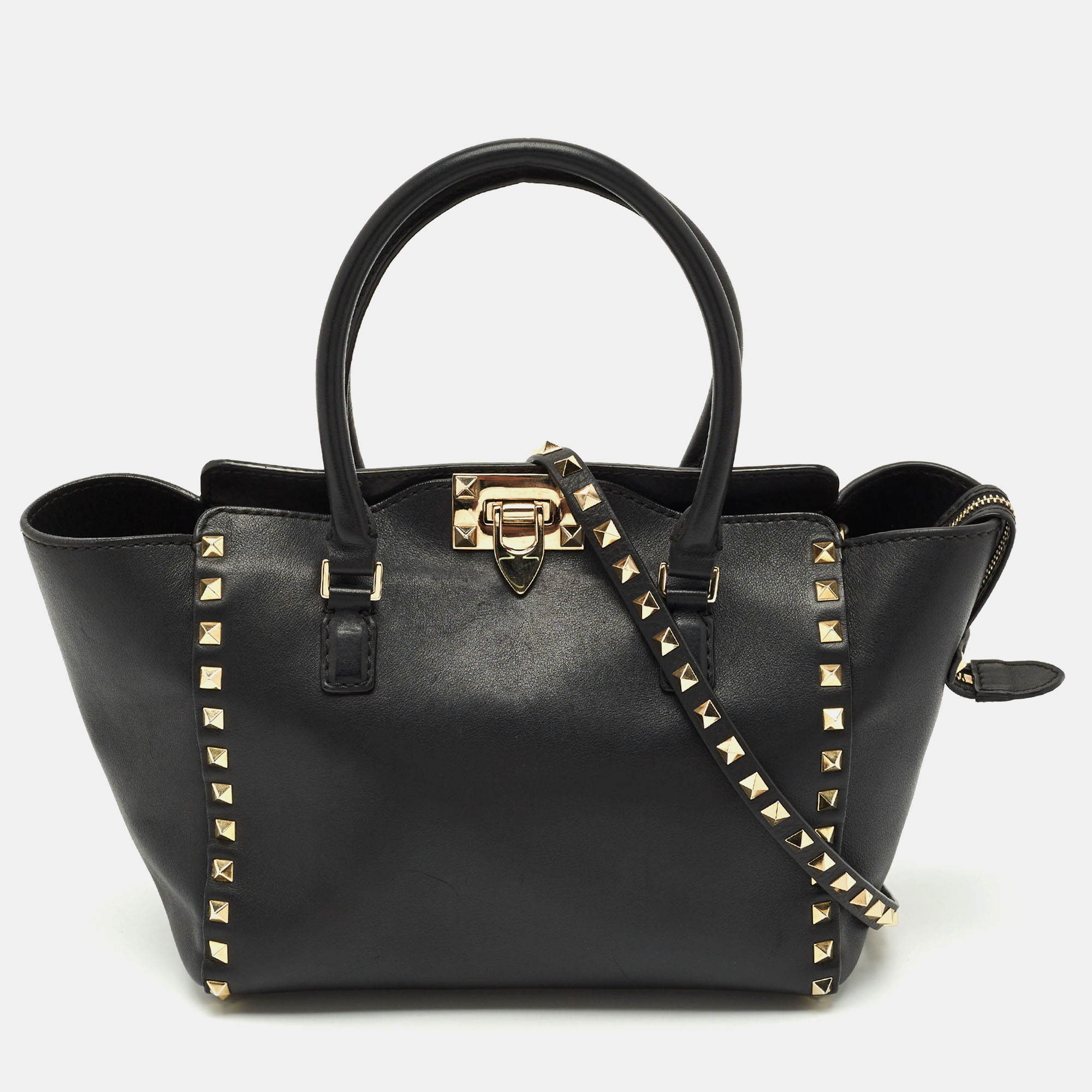 

Valentino Black Leather  Rockstud Trapeze Tote