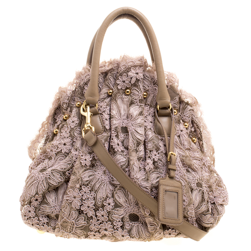 Pre Owned Valentino Pink/Beige Lace and Leather Hobo