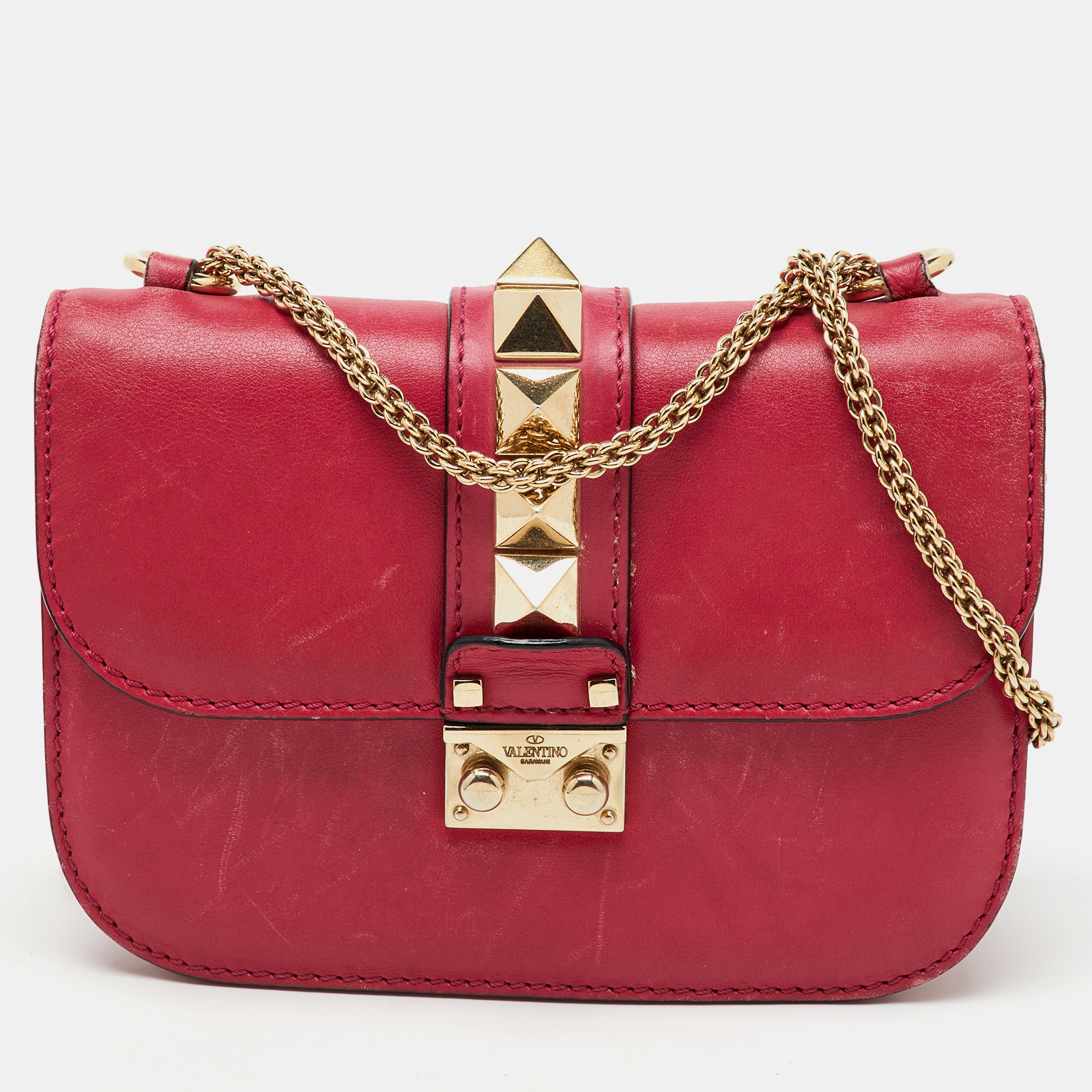 

Valentino Pink Leather Small Glam Lock Chain Shoulder Bag