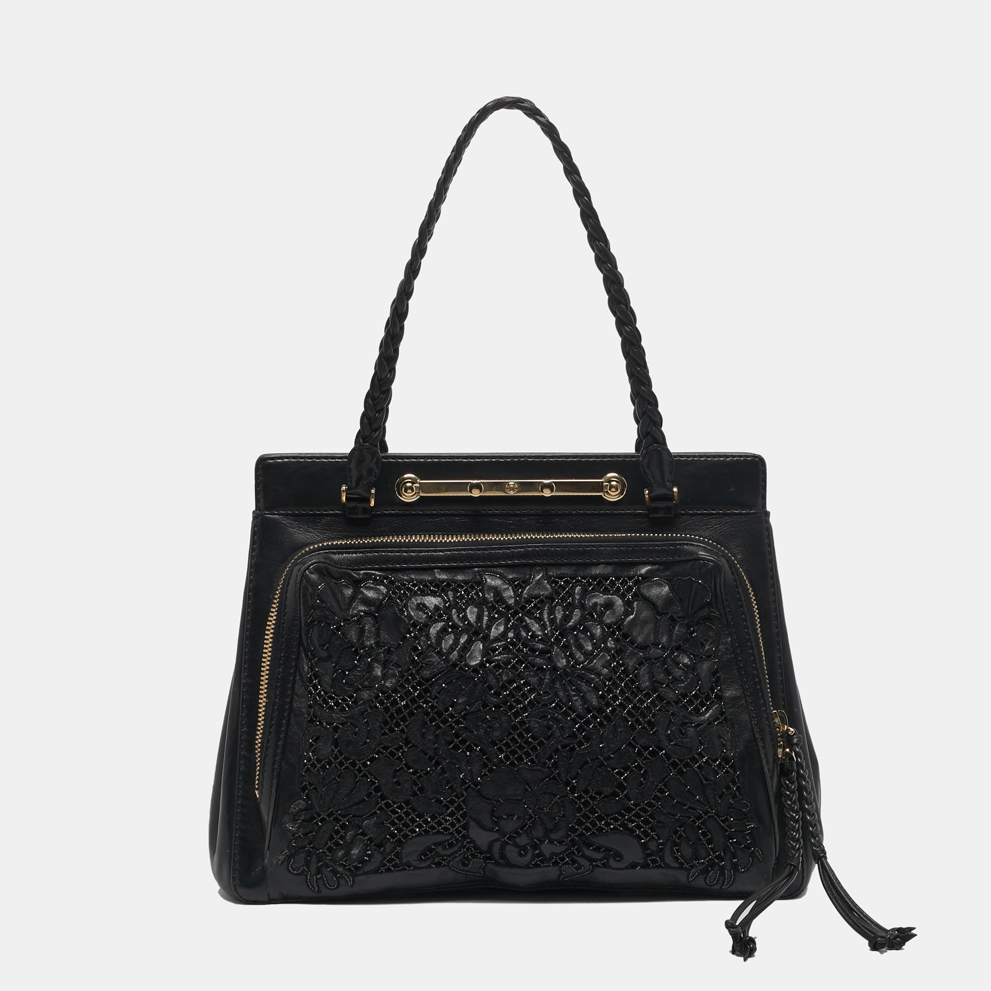 

Valentino Black Leather and Beaded Lace Demetra Tote