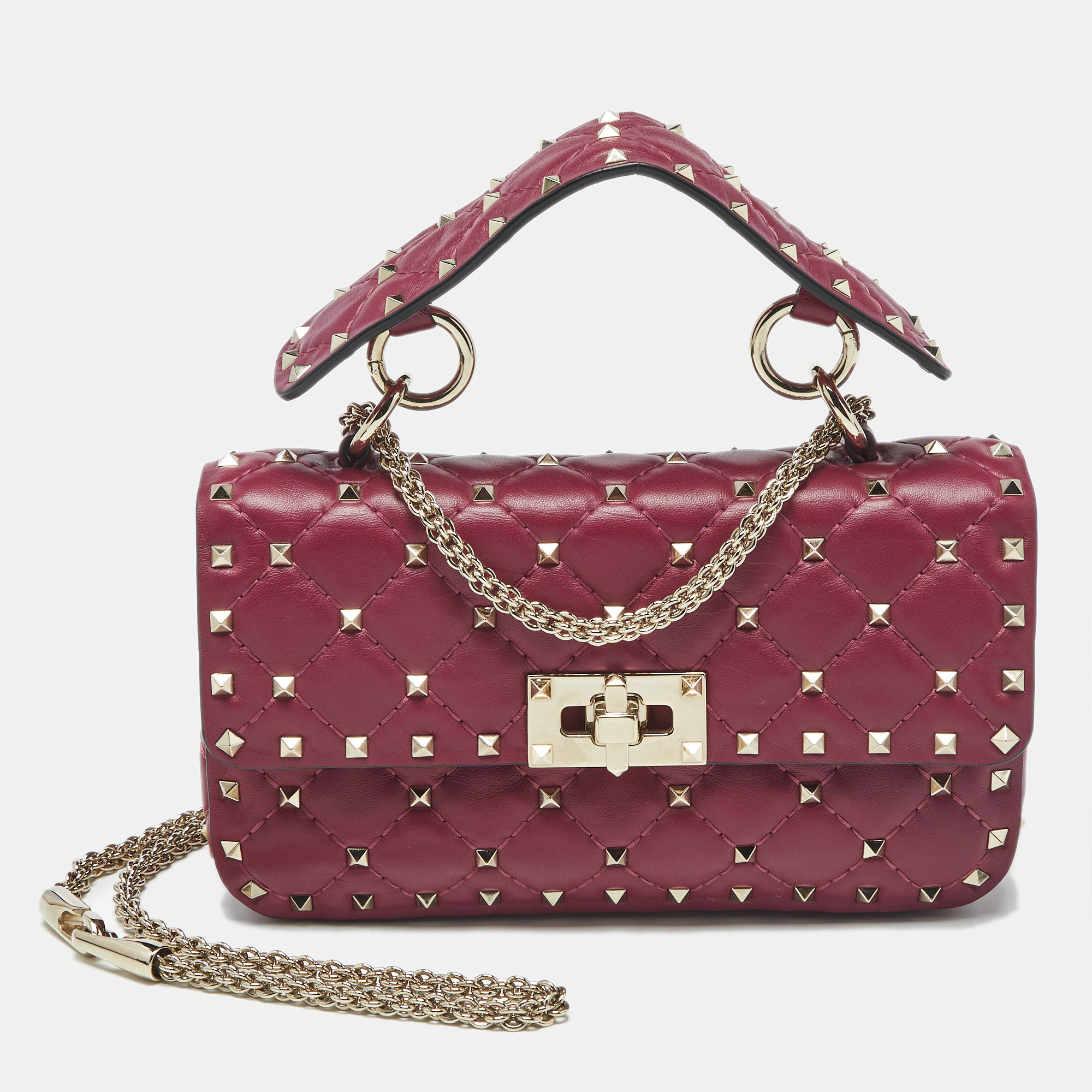 Pre-owned Valentino Garavani Magenta Quilted Leather Small Rockstud Spike Top Handle Bag In Pink