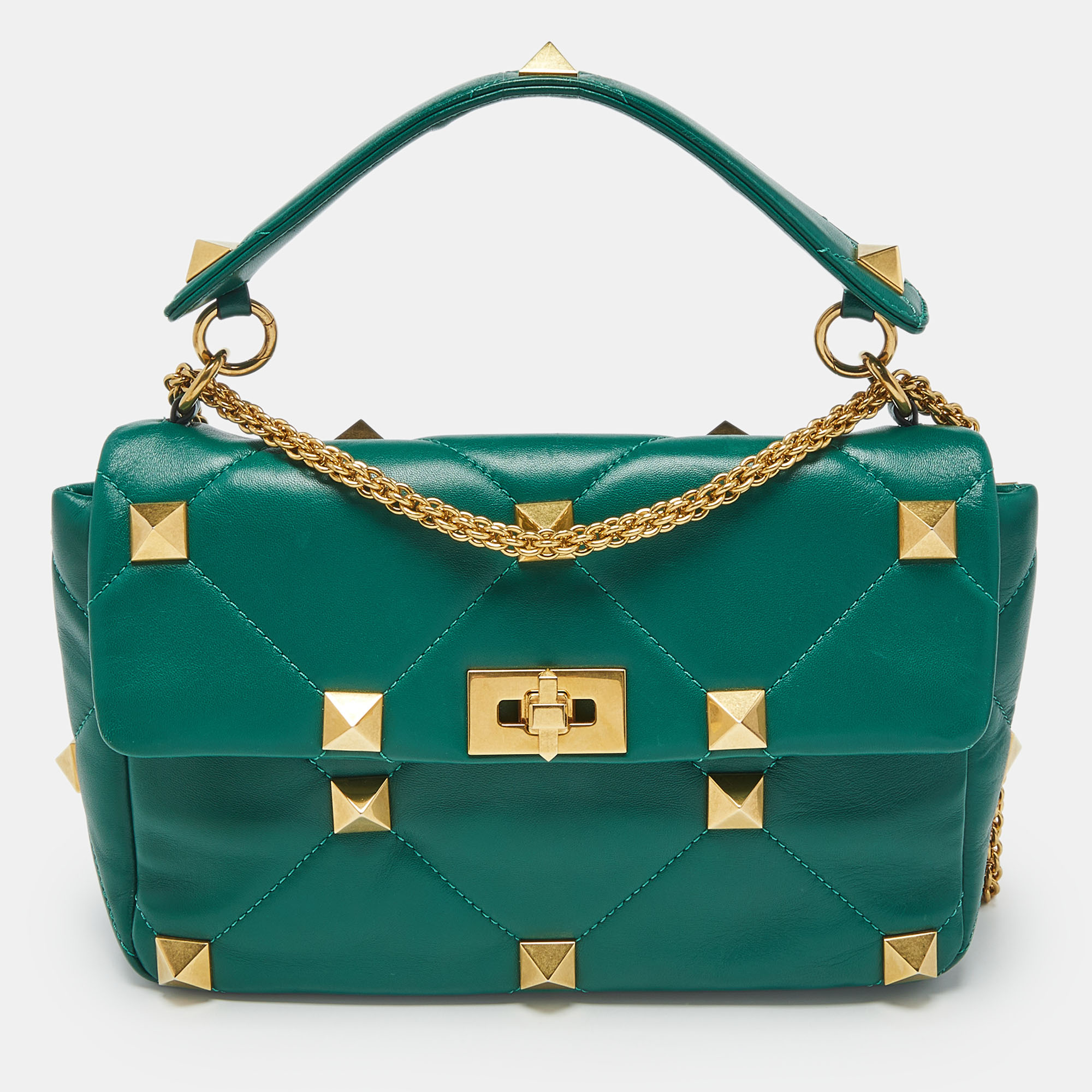 

Valentino Green Leather  Roman Stud Flap Shoulder Bag