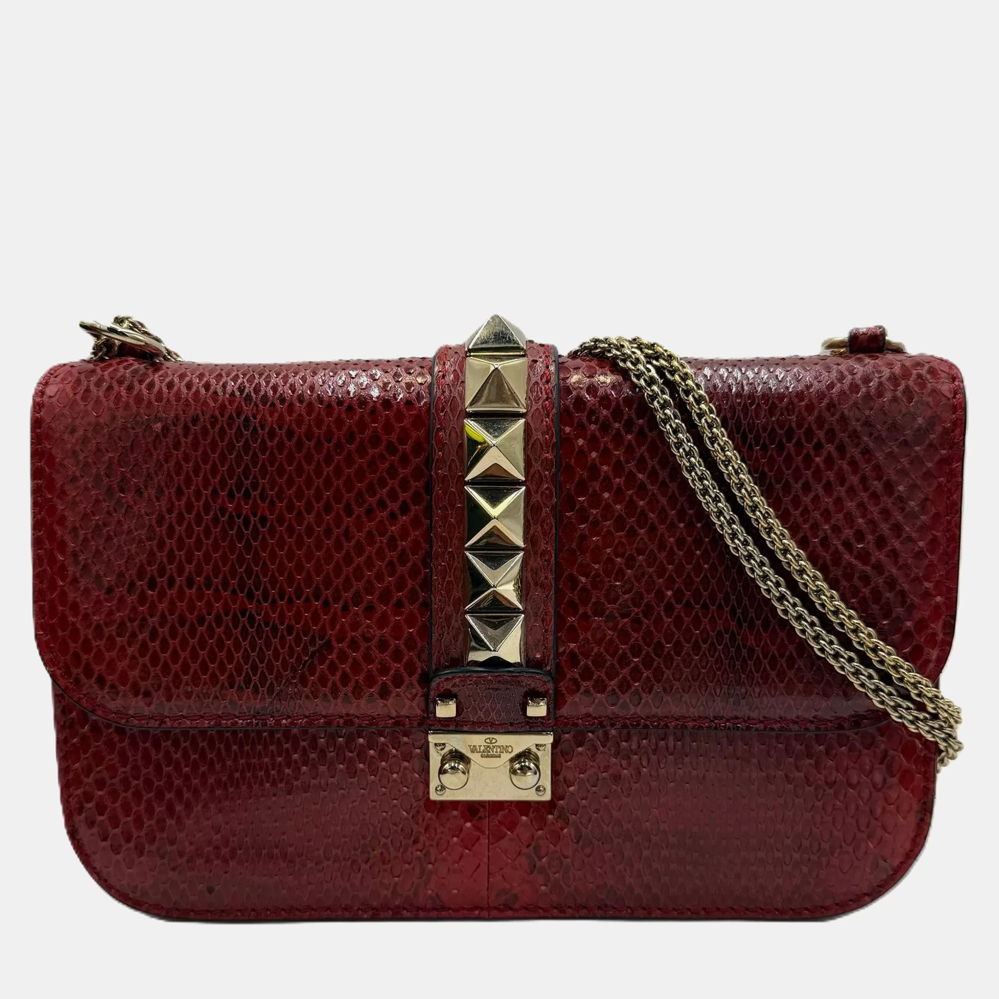 

Valentino Red Rockstud Python Small Glam Lock Flap Bag