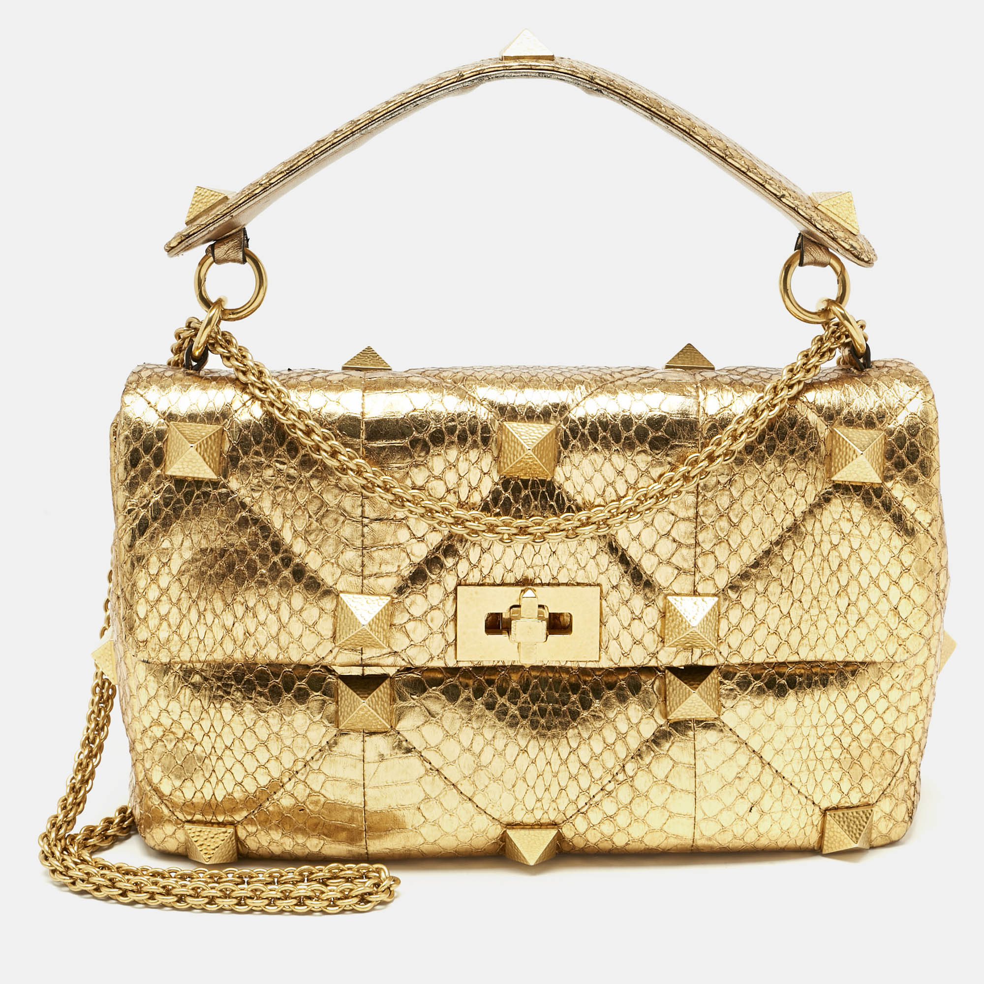 

Valentino Gold Watersnake Leather Roman Stud Top Handle Bag