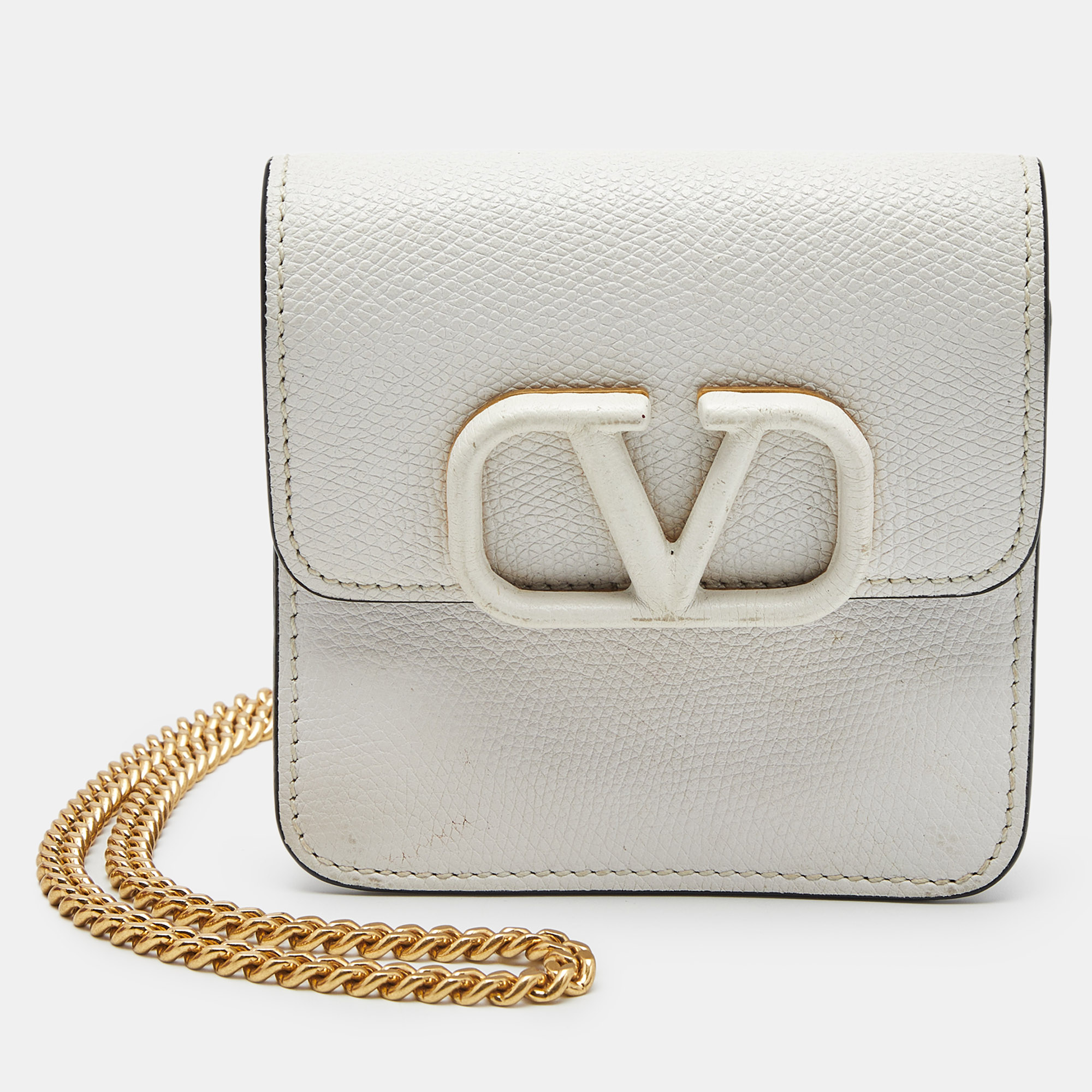 

Valentino White Leather VLogo Compact Wallet On Chain
