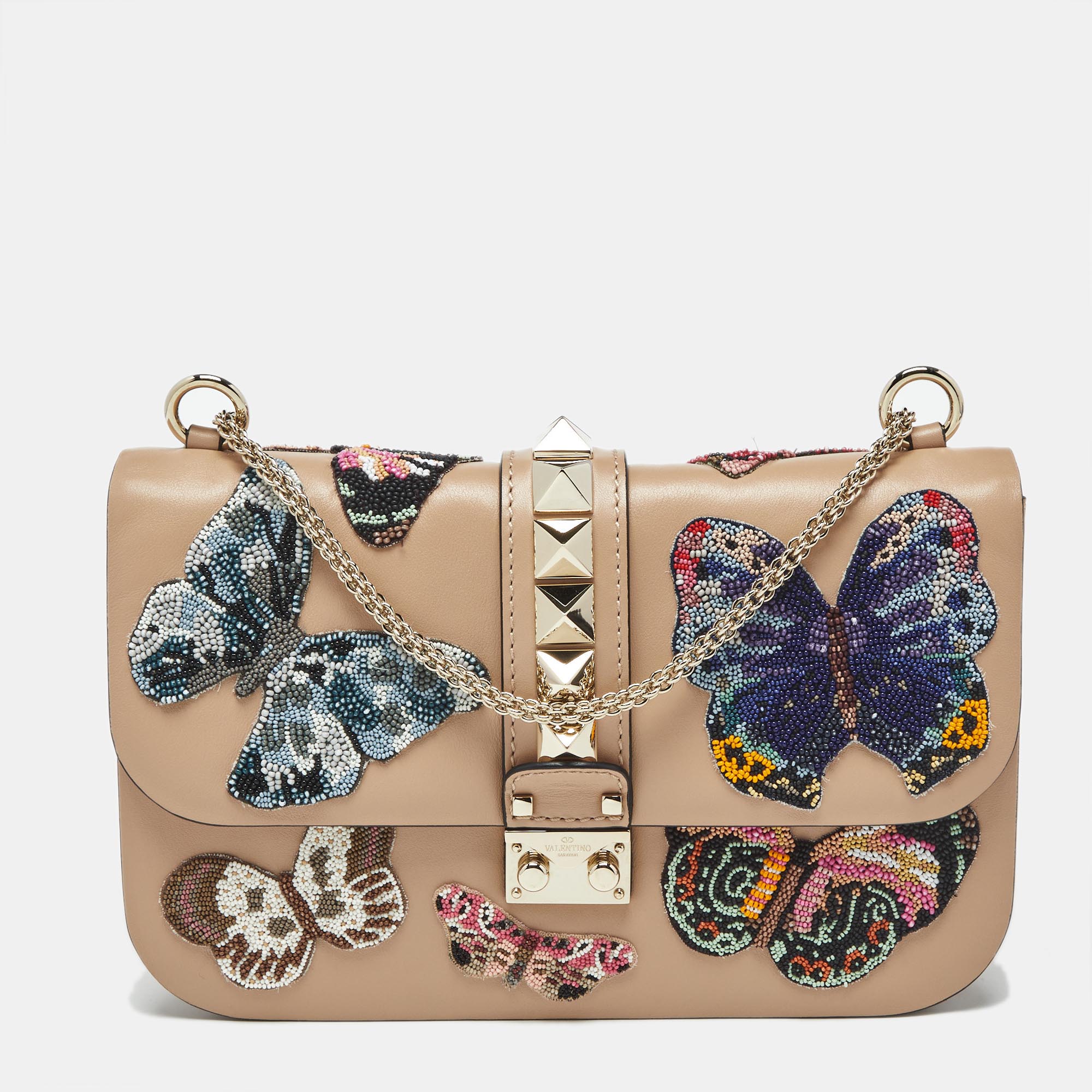 

Valentino Beige Leather  Beaded Butterfly Glam Lock Flap Bag