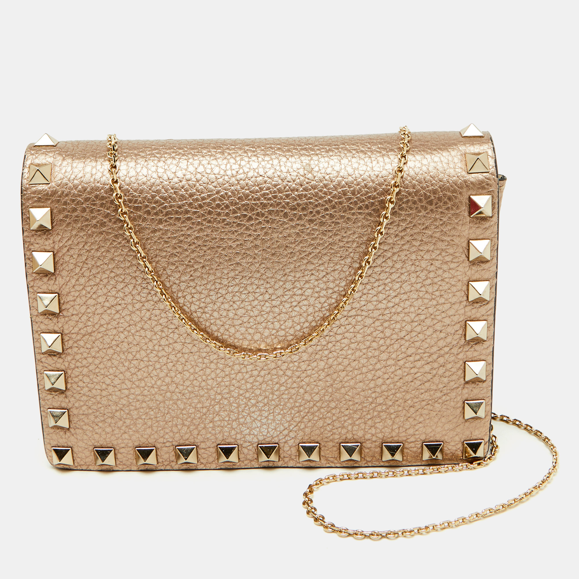

Valentino Metallic Leather Rockstud Flap Wallet On Chain