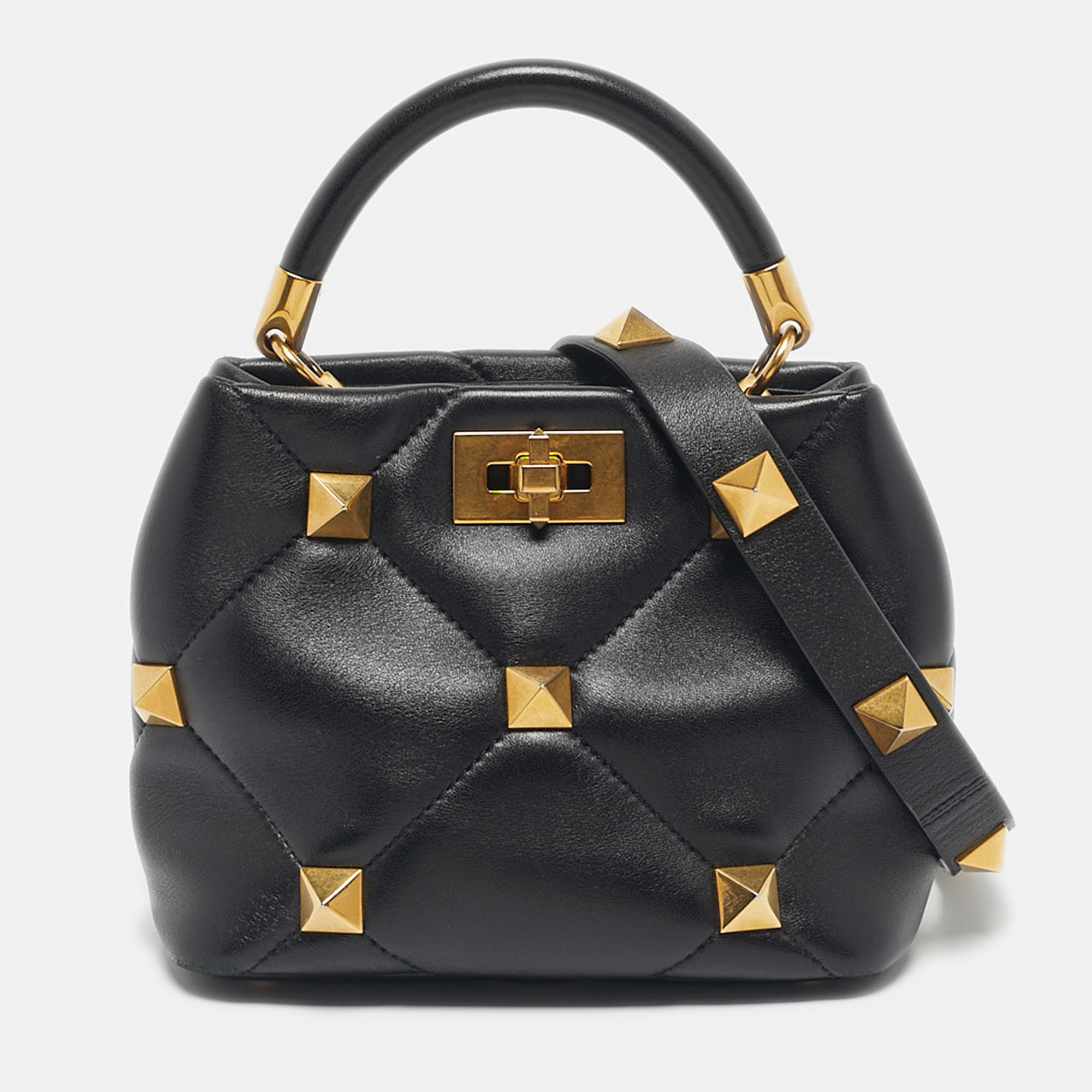 

Valentino Black Quilted Leather Small Roman Stud Top Handle Bag