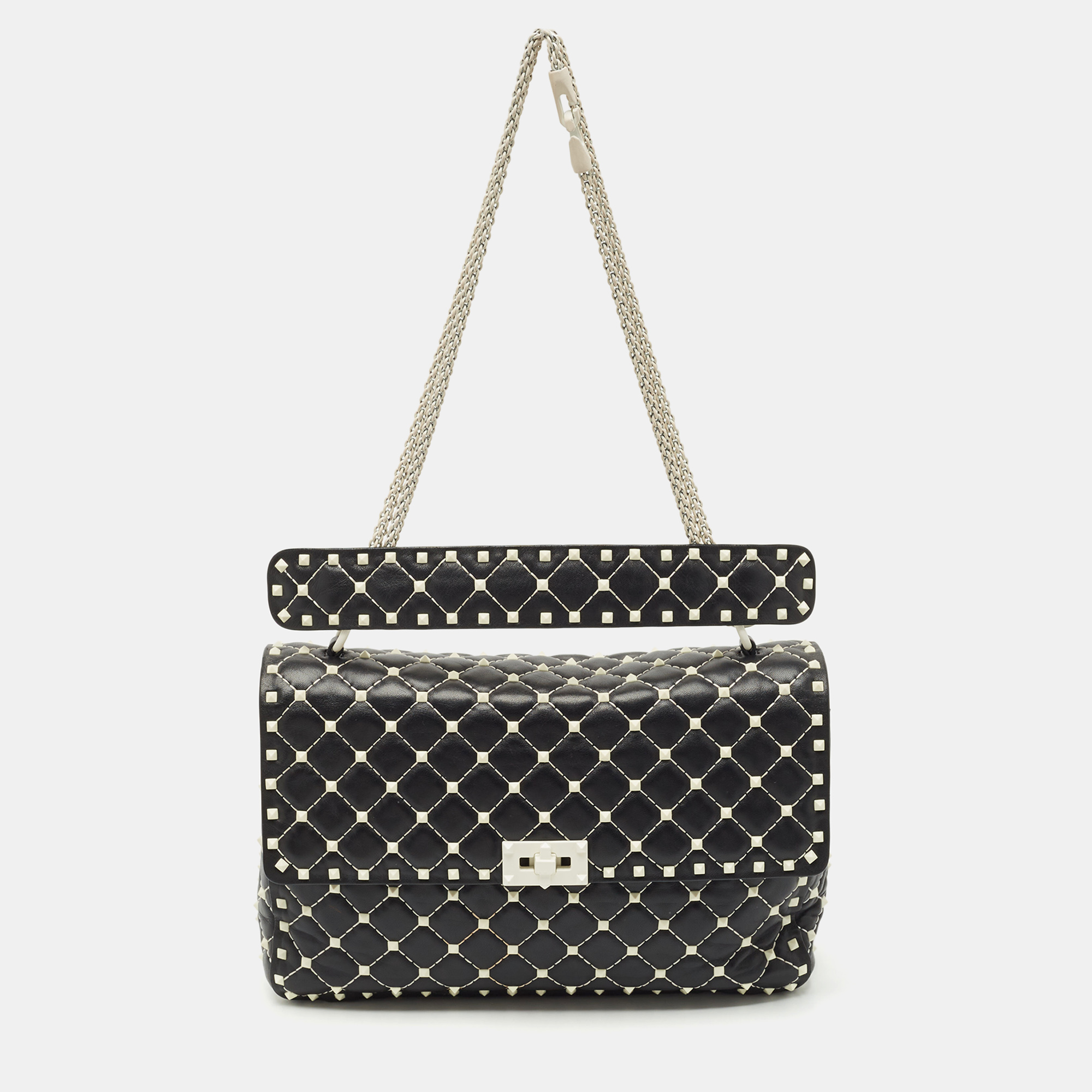 

Valentino Black/White Leather  Rockstud Spike Top Handle Bag