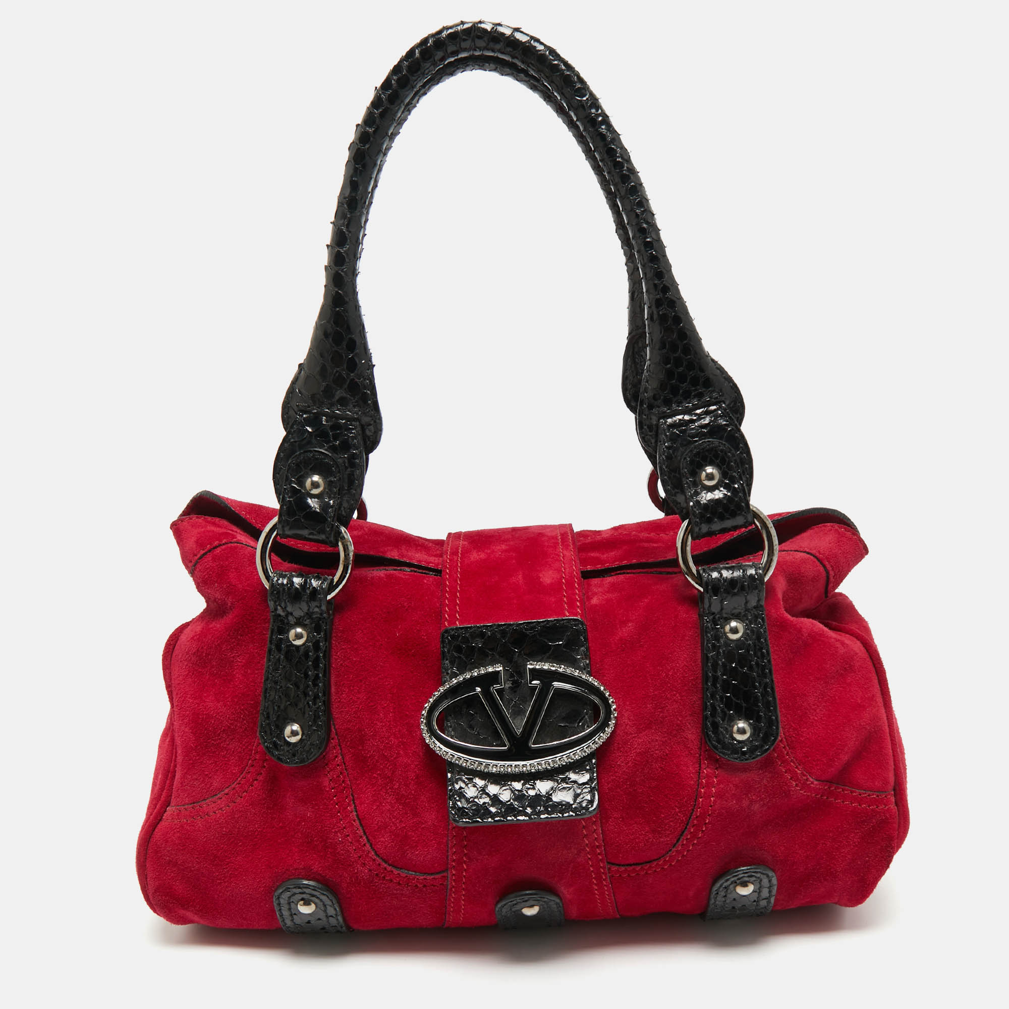 Pre-owned Valentino Garavani Red/black Suede And Snakeskin Vring Crystals Shoulder Bag