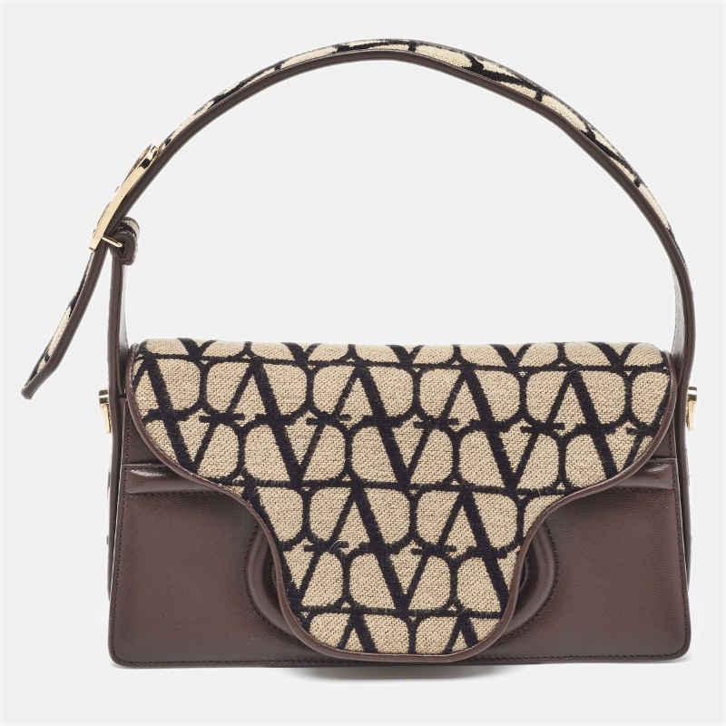 Pre-owned Valentino Garavani Dark Brown/beige Leather And Canvas Le Grand Deuxième Logo Plaque Shoulder Bag