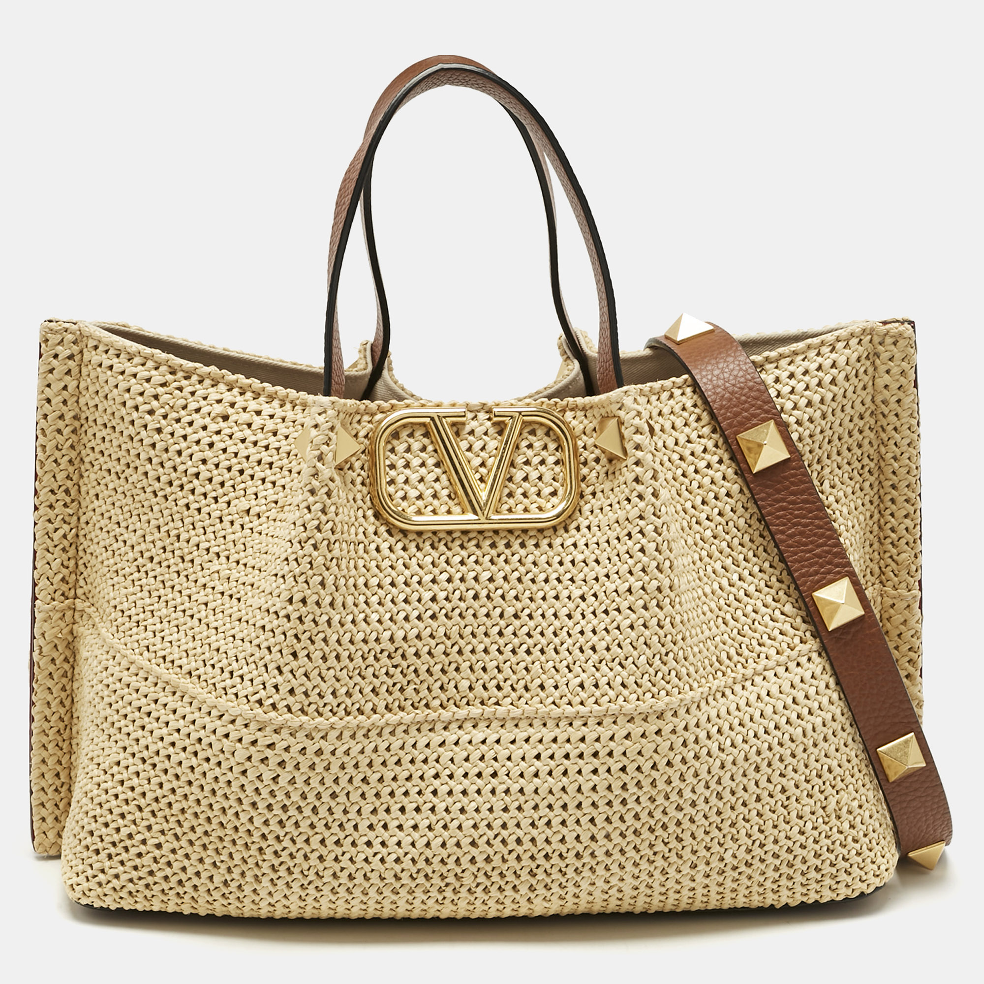 

Valentino Saddle Brown/Natural Straw  VLogo Summer Tote