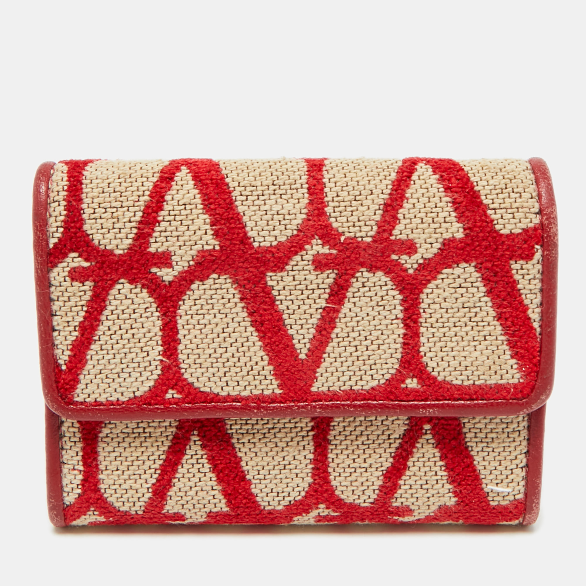Pre-owned Valentino Garavani Red/beige Iconographe Canvas And Leather Card Holder
