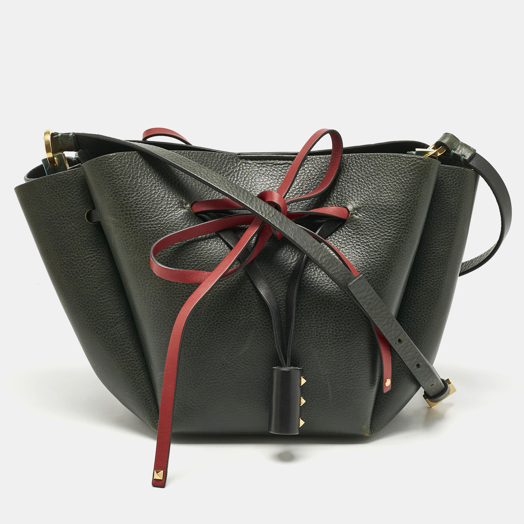 

Valentino Dark Green/Red Leather Medium VLogo Bucket Bag