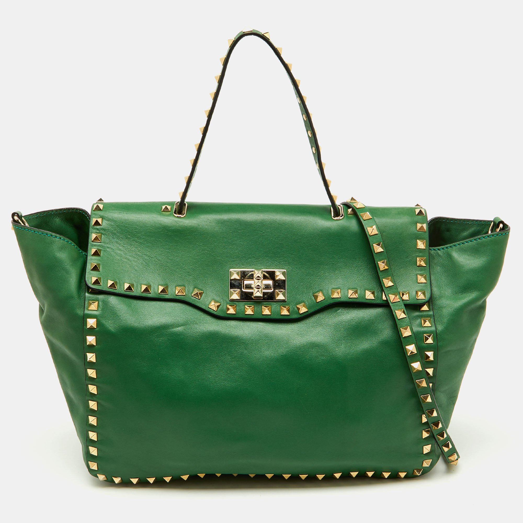 

Valentino Green Soft Leather Rockstud Flap Top Handle Bag