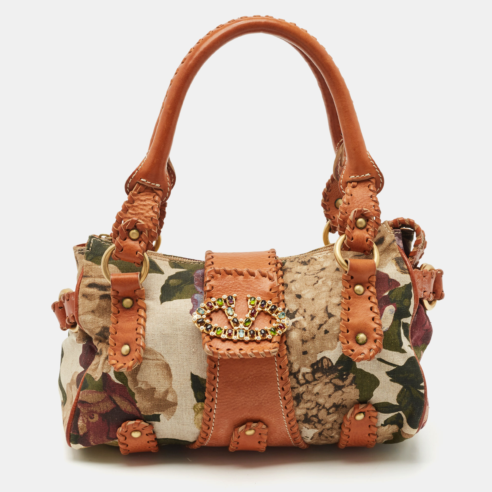 

Valentino Multicolor Printed Canvas and Whipstitch Leather VLogo Crystals Satchel