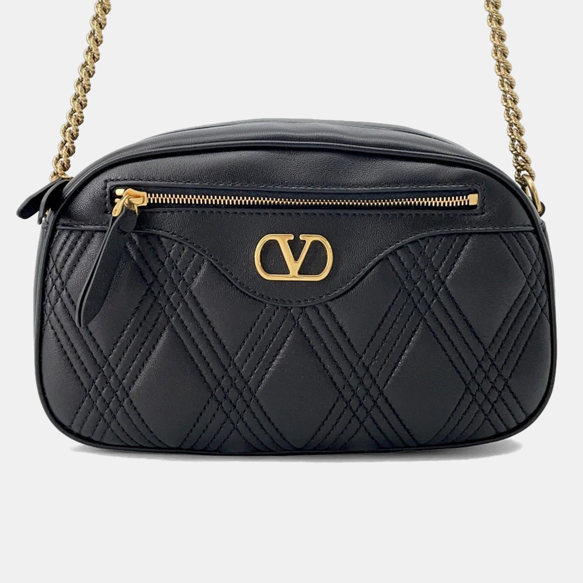 Pre-owned Valentino Garavani Garavani Quilty 67 Medium Black Leather Zip-up Shoulder Bag