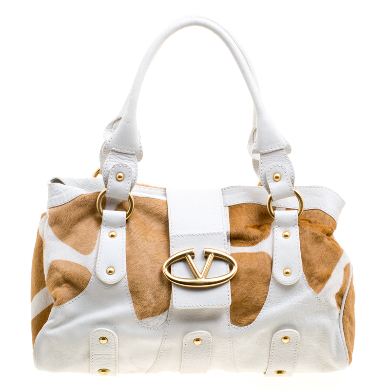 Pre Owned Valentino White/Beige Leather and Calfhair Satchel