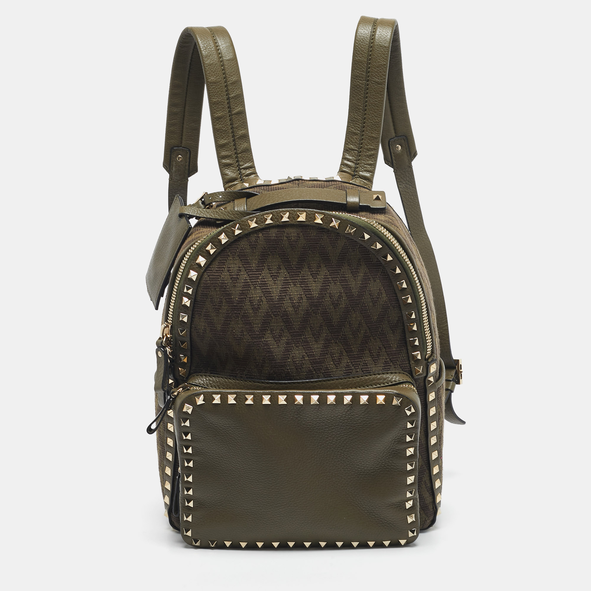 

Valentino Military Green Logo Jacquard Canvas and Leather Viva Backpack