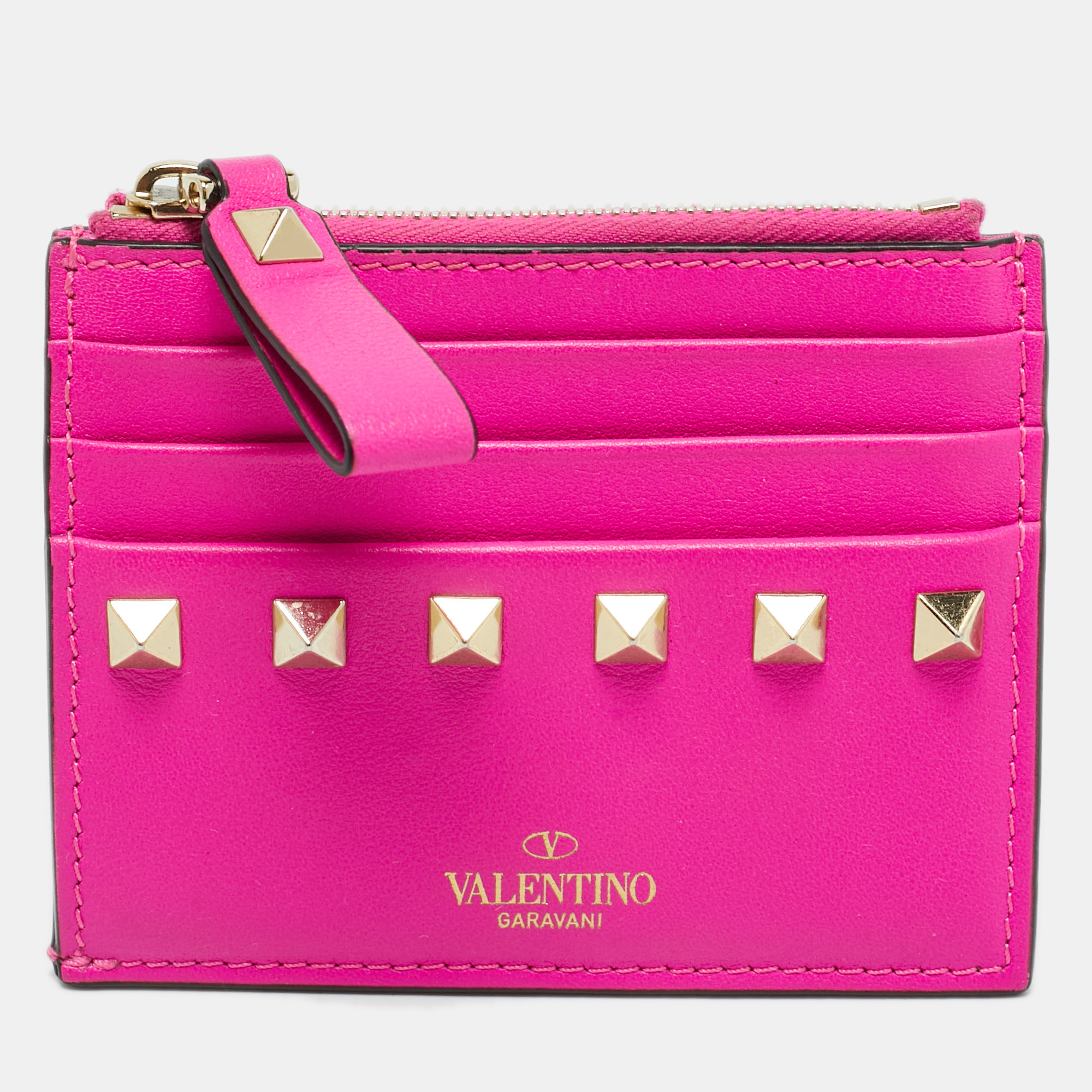 

Valentino Fuchsia Leather Rockstud Zip Card Holder, Pink