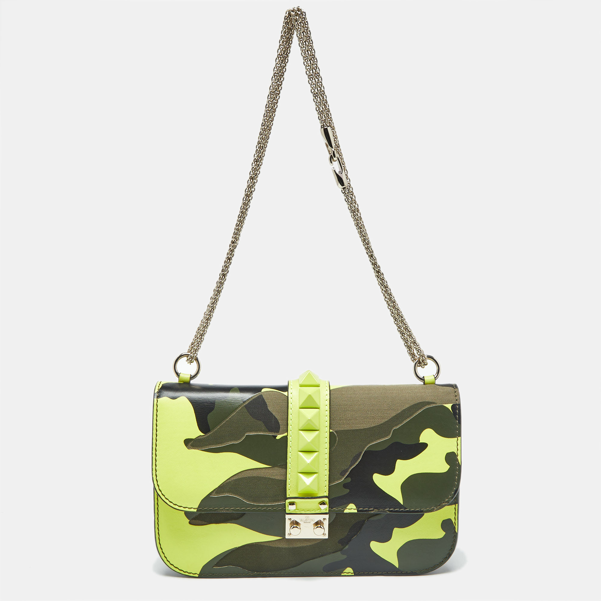 Pre-owned Valentino Garavani Multicolor Leather And Canvas Camouflage Medium Rockstud Glam Lock Flap Bag