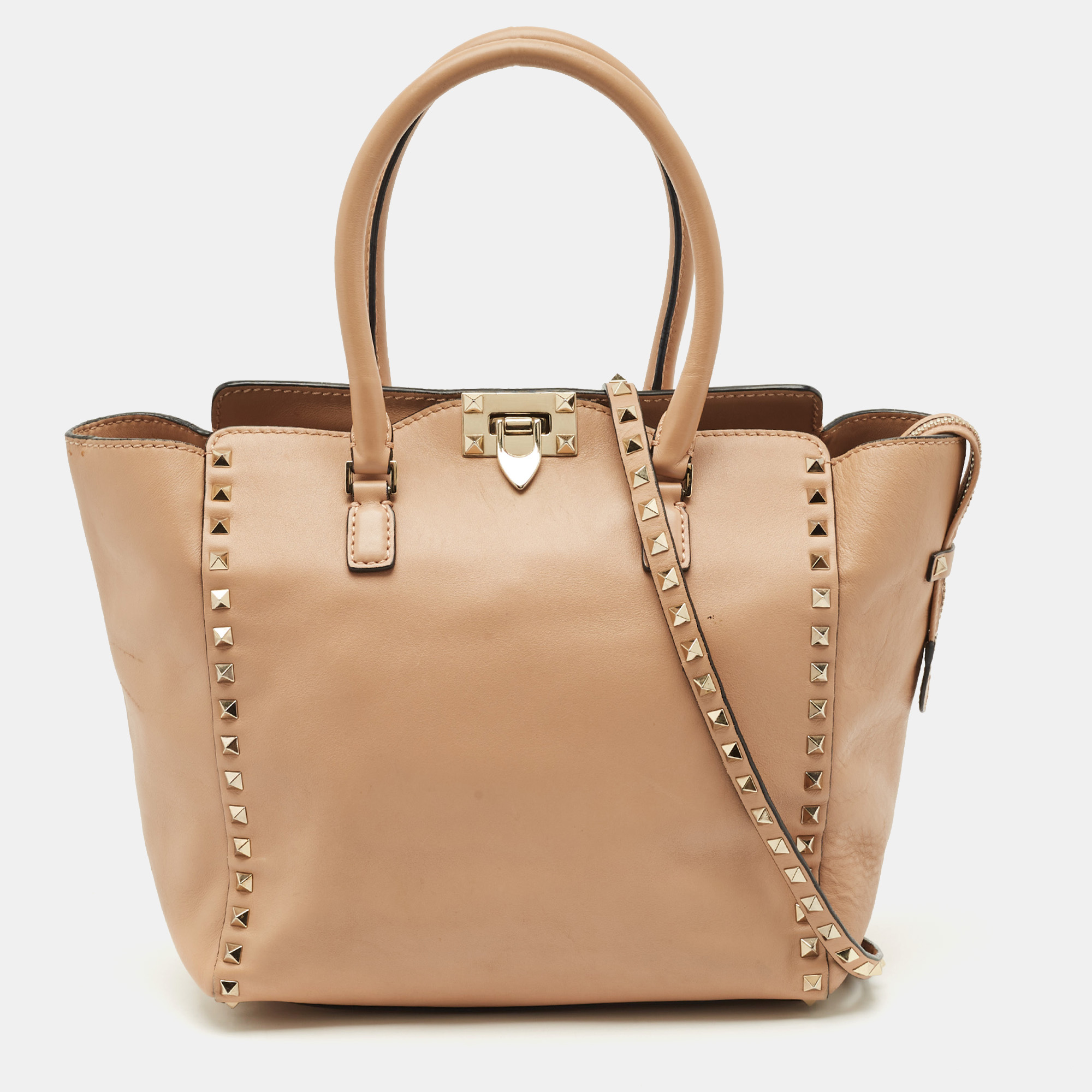 

Valentino Beige Leather Medium Rockstud Trapeze Tote