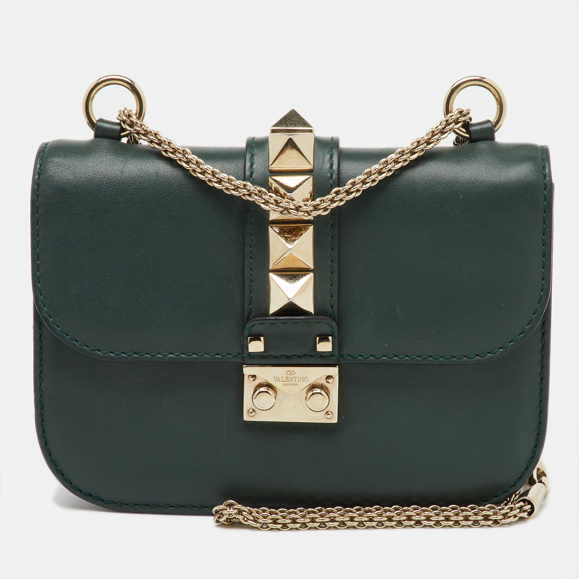 

Valentino Dark Green Leather Rockstud Small Glam Lock Shoulder Bag