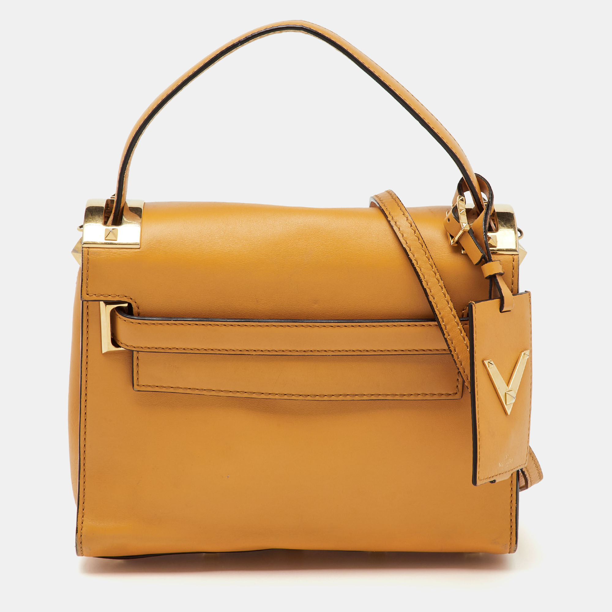 Pre-owned Valentino Garavani Mustard Yellow Leather My Rockstud Flap Top Handle Bag